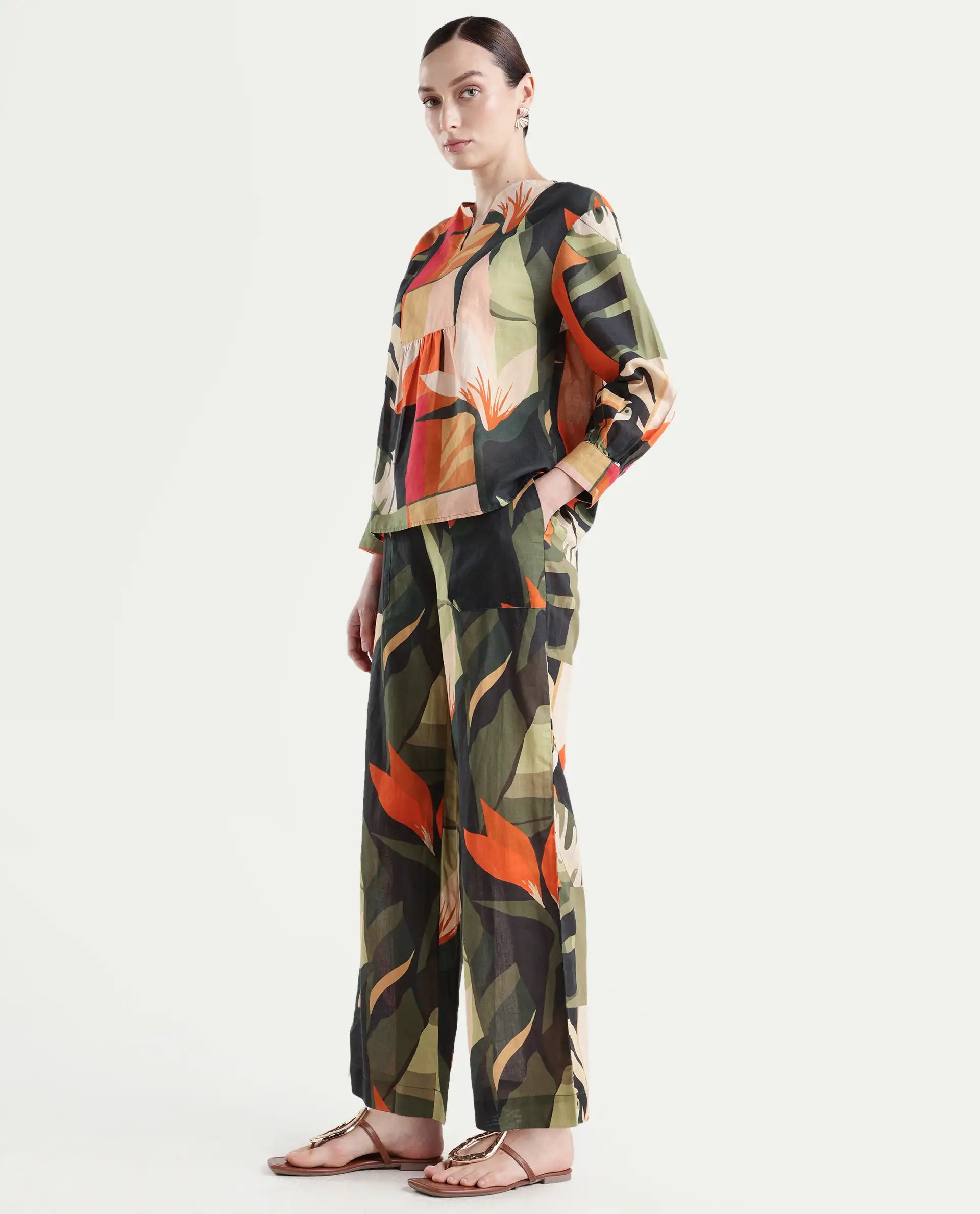 Rareism Women's Agenia-B Pastel Multi Cotton Blend Abstract Print Ankle Length Wide Trouser