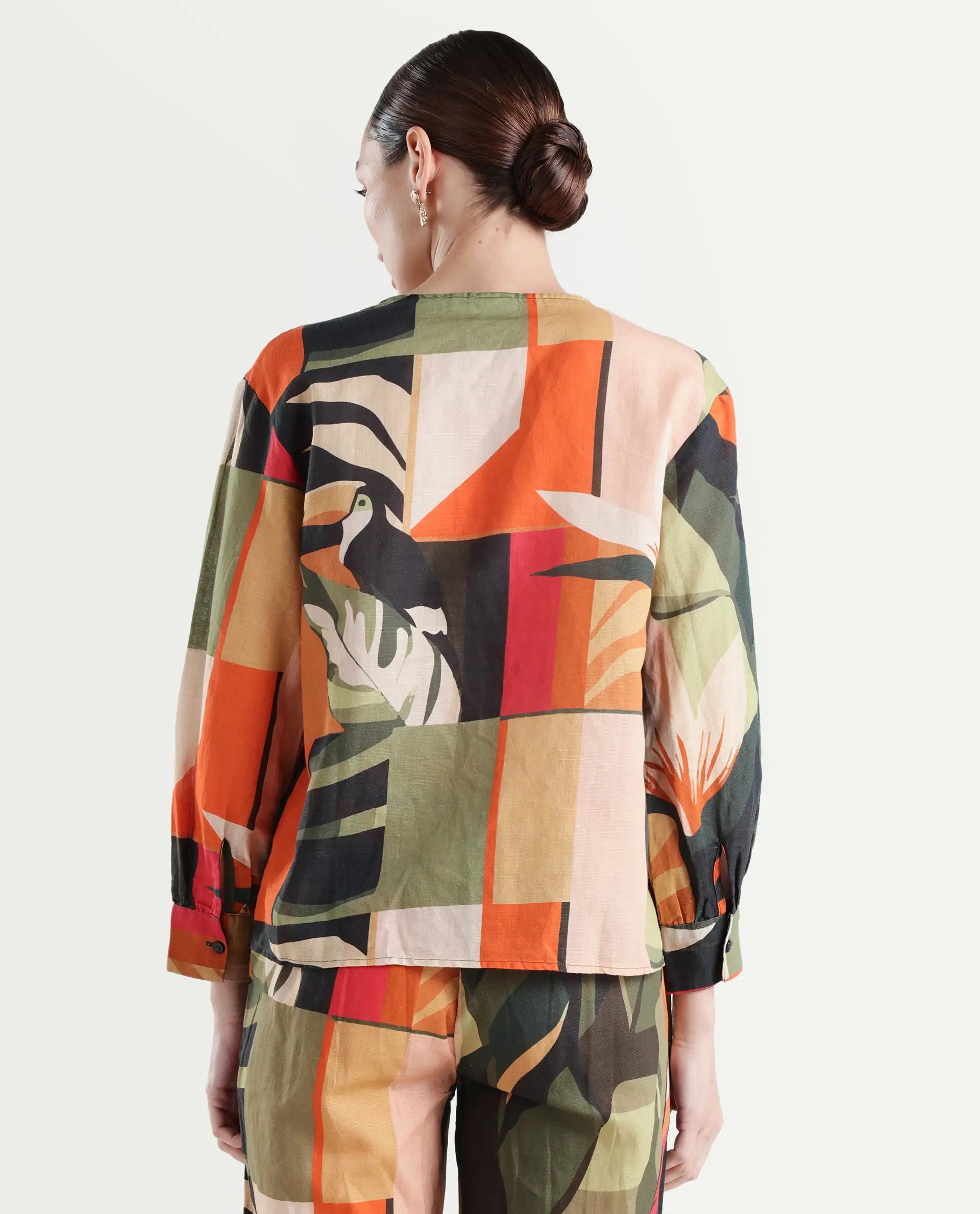 Rareism Women's Agenia-T Pastel Multi Cotton Blend Crew Neck Abstract Print Bishop Sleeve Regular Fit Top