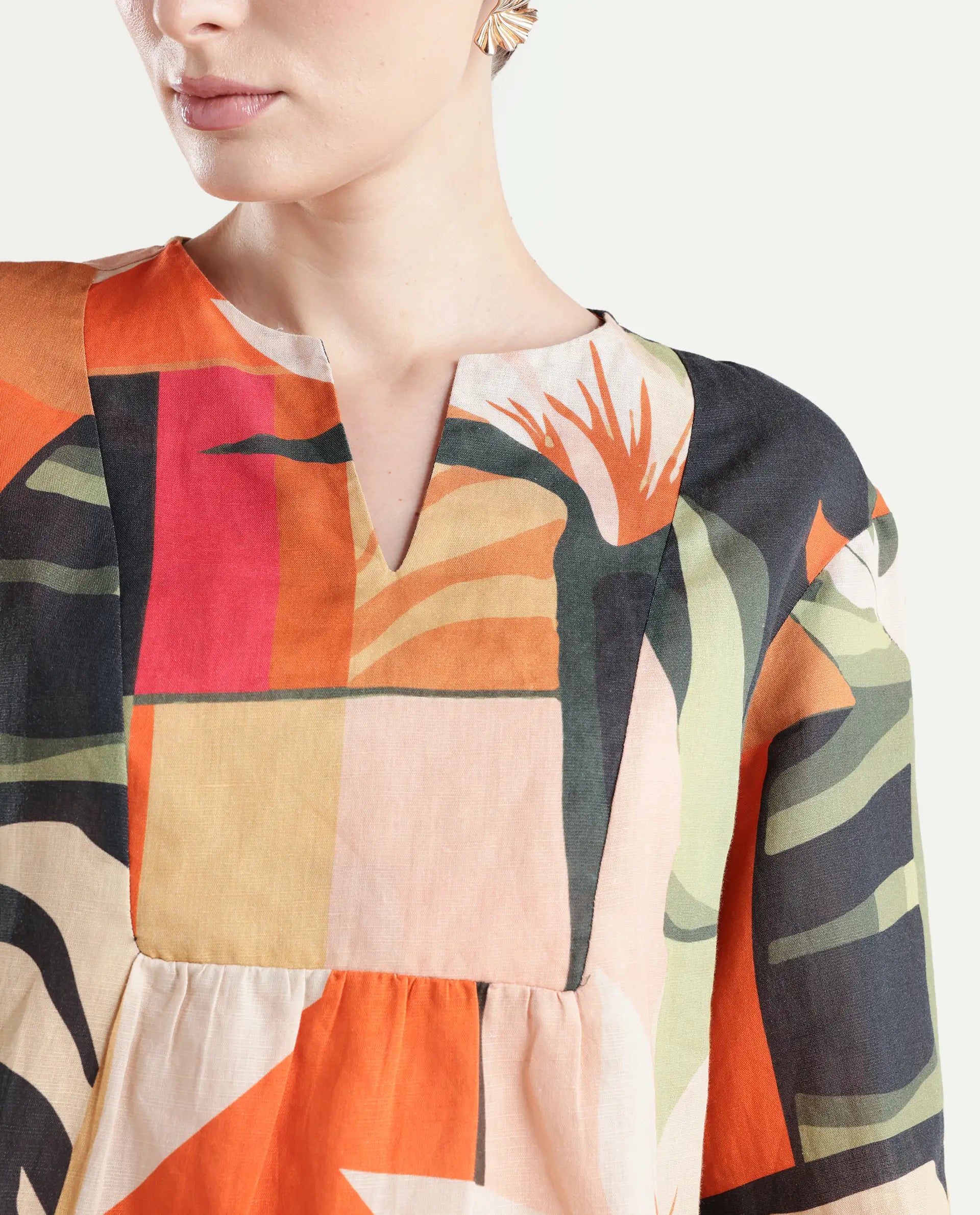 Rareism Women's Agenia-T Pastel Multi Cotton Blend Crew Neck Abstract Print Bishop Sleeve Regular Fit Top