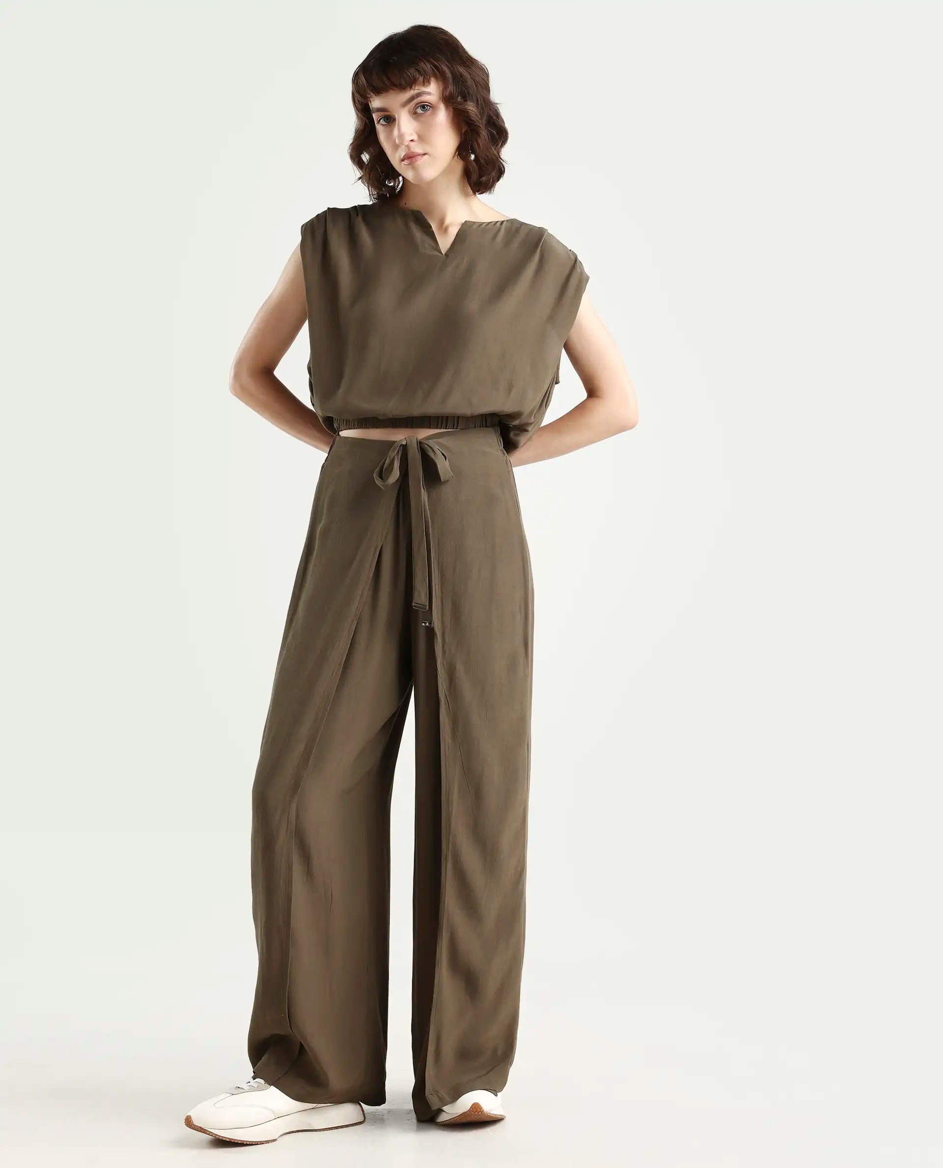 Rareism Women's Brodie-B Olive Rayon Plain Ankle Length Wide Trouser