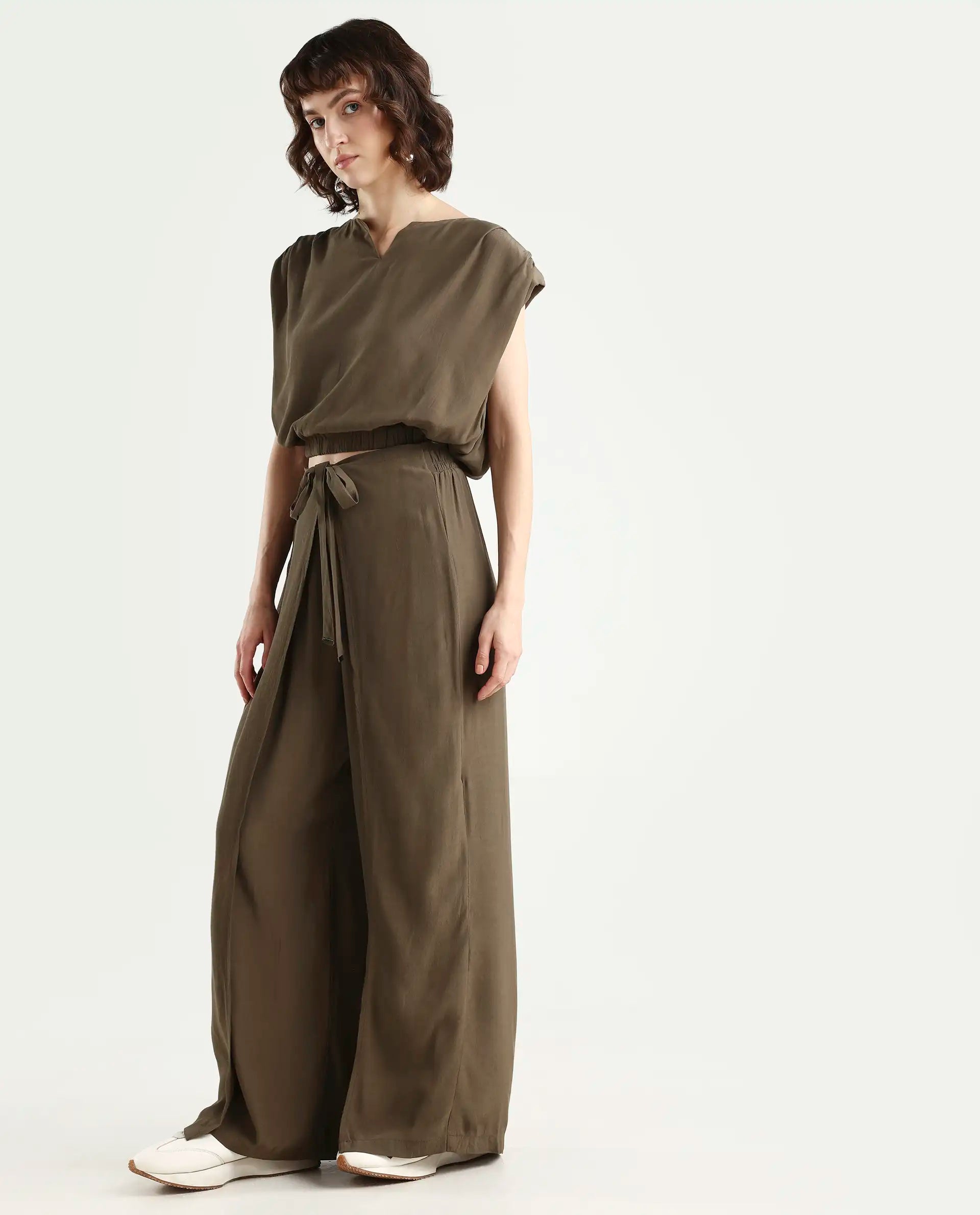 Rareism Women's Brodie-B Olive Rayon Plain Ankle Length Wide Trouser