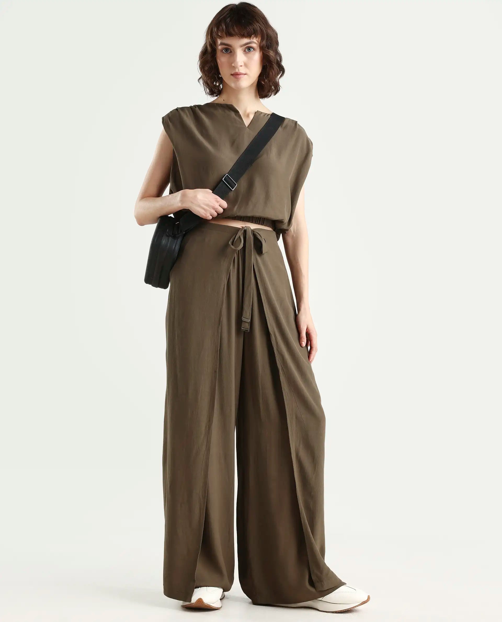 Rareism Women's Brodie-B Olive Rayon Plain Ankle Length Wide Trouser