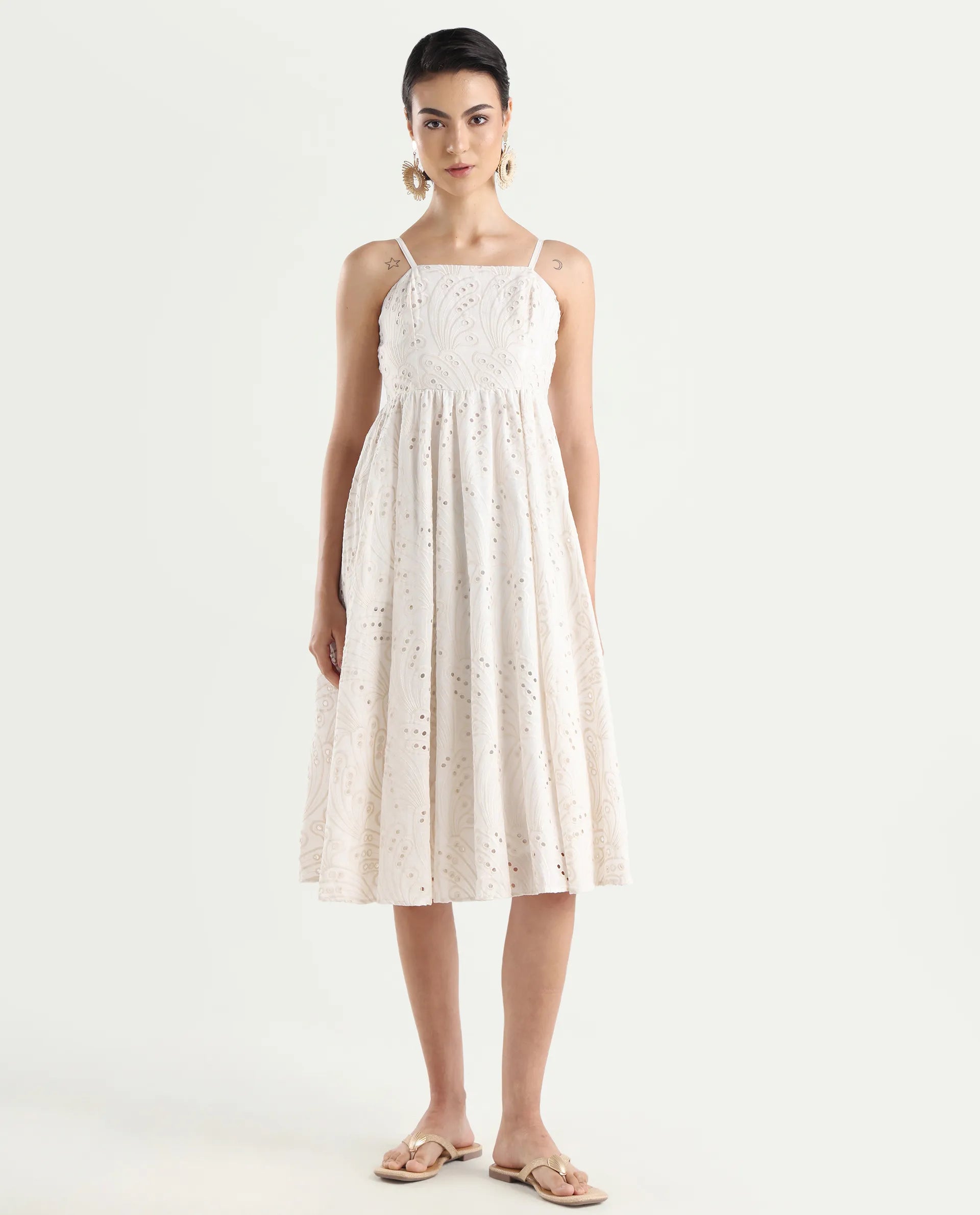 Rareism Women's Calvert White Cotton Shoulder Strap Plain Shoulder Strap Midi Fit And Flare Dress