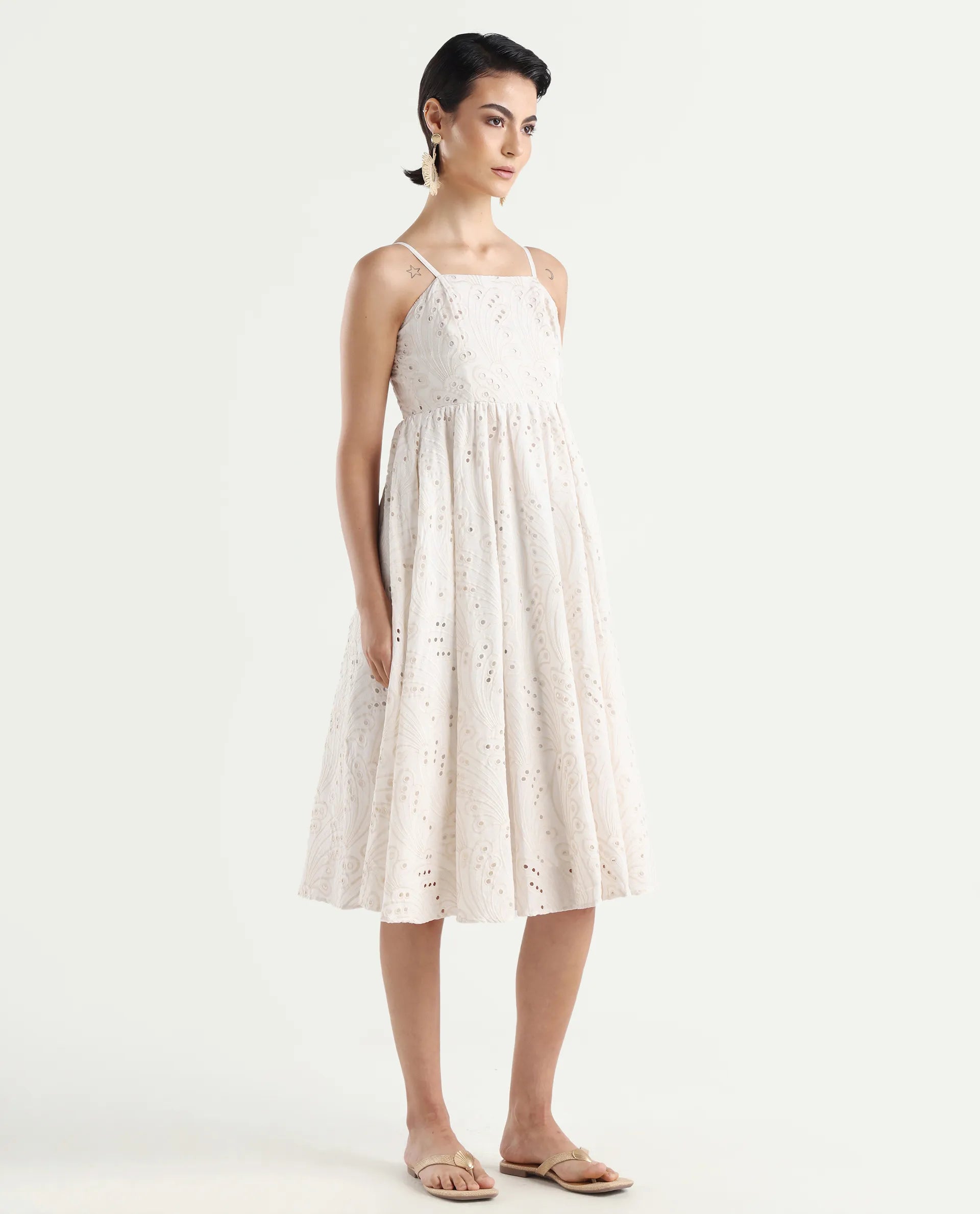 Rareism Women's Calvert White Cotton Shoulder Strap Plain Shoulder Strap Midi Fit And Flare Dress