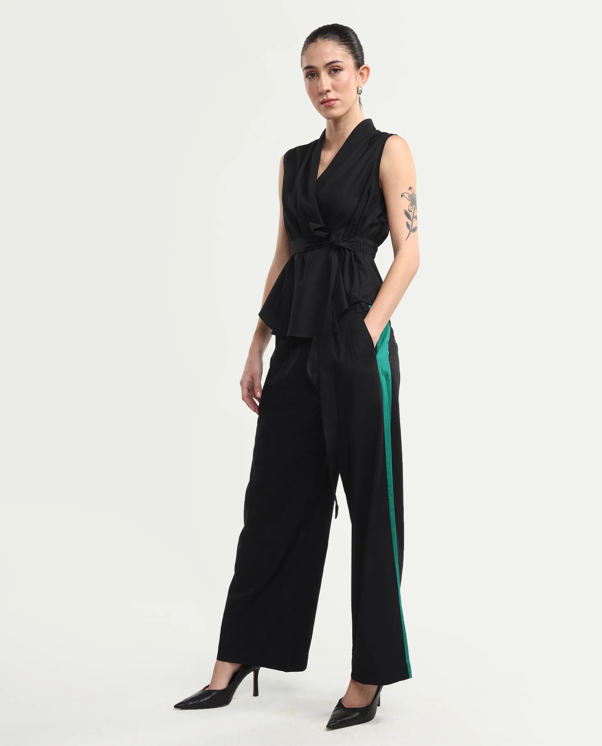 Rareism Women's Caruana-B Black Cotton Color Block Ankle Length Straight Fit Trouser