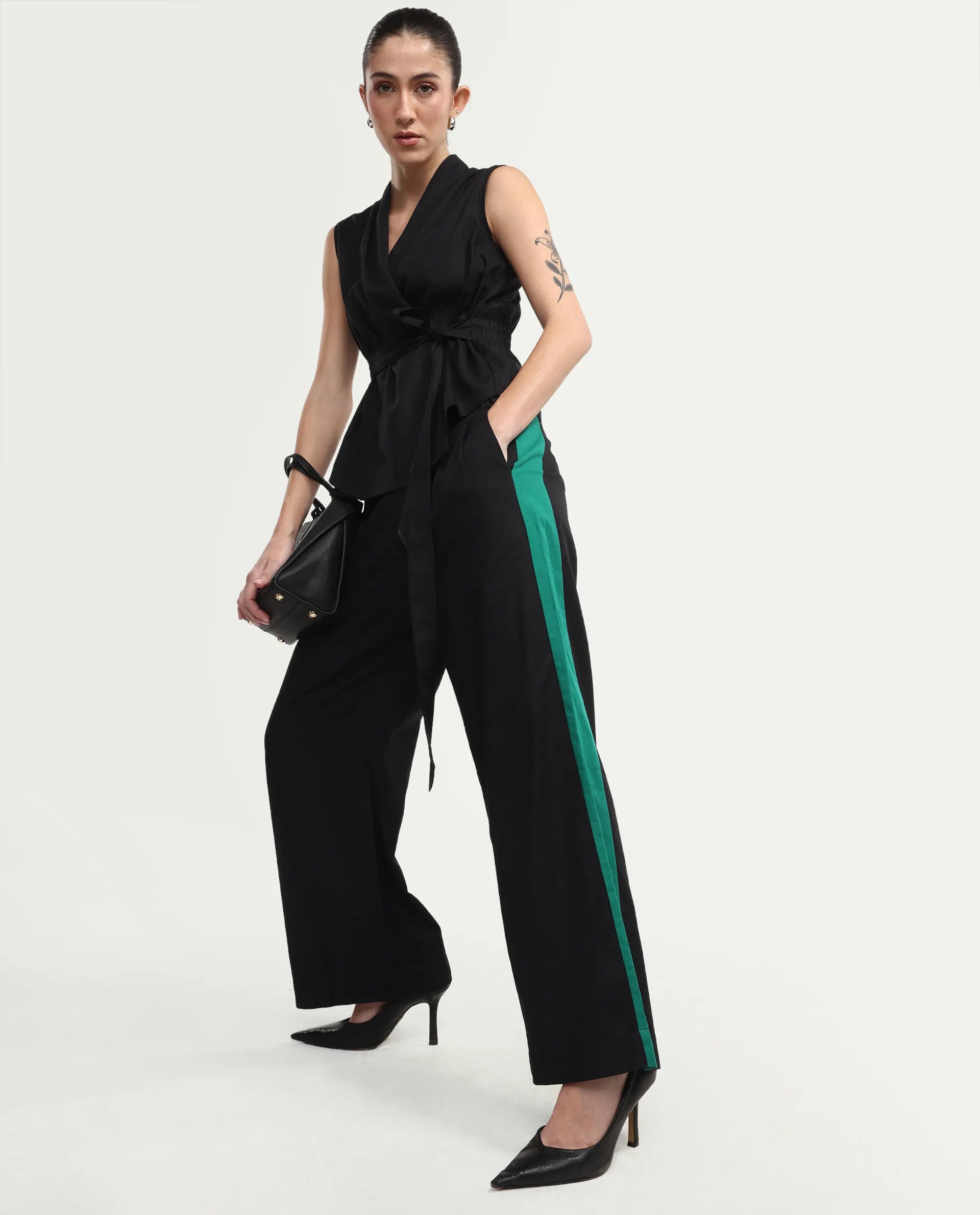 Rareism Women's Caruana-B Black Cotton Color Block Ankle Length Straight Fit Trouser