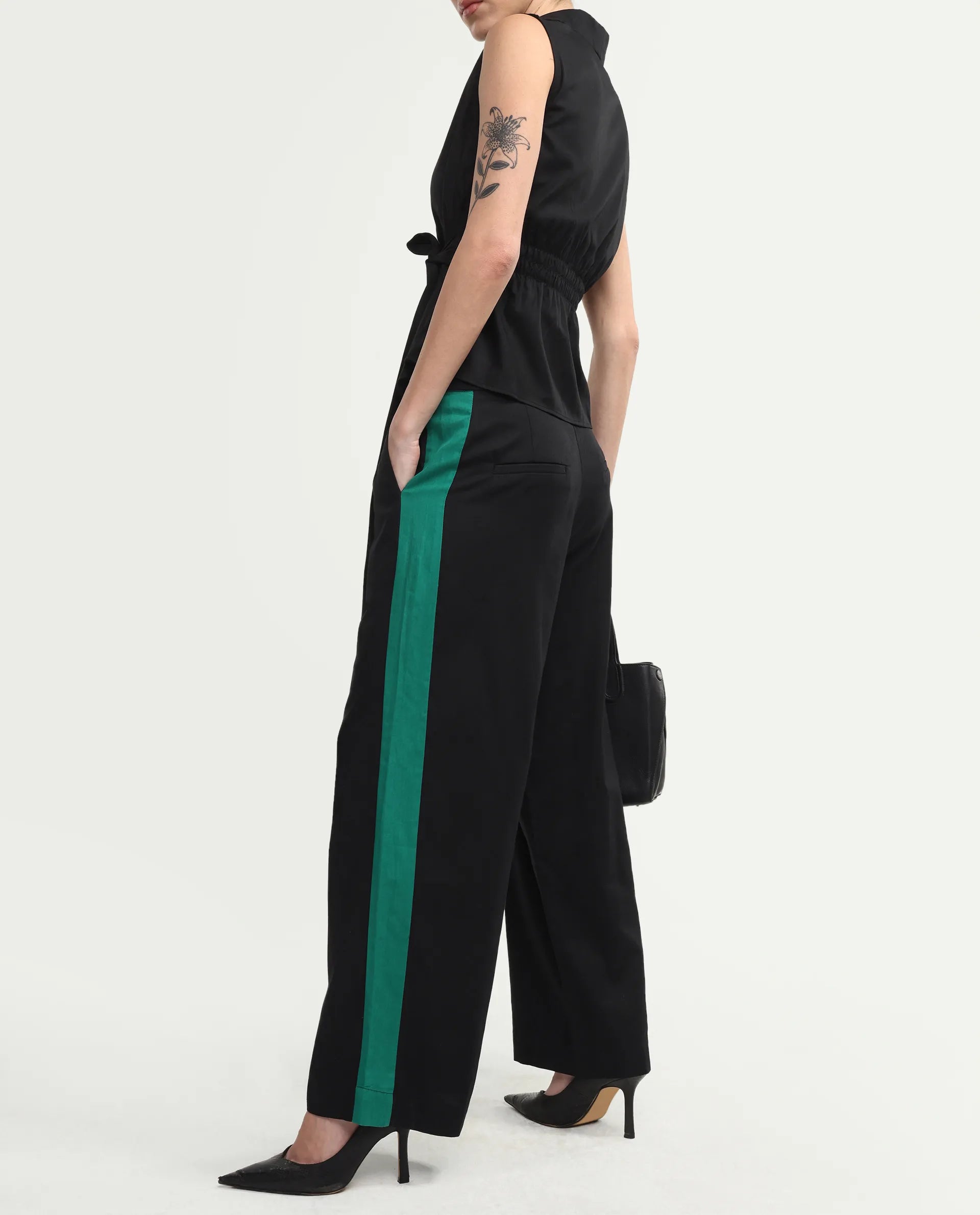 Rareism Women's Caruana-B Black Cotton Color Block Ankle Length Straight Fit Trouser