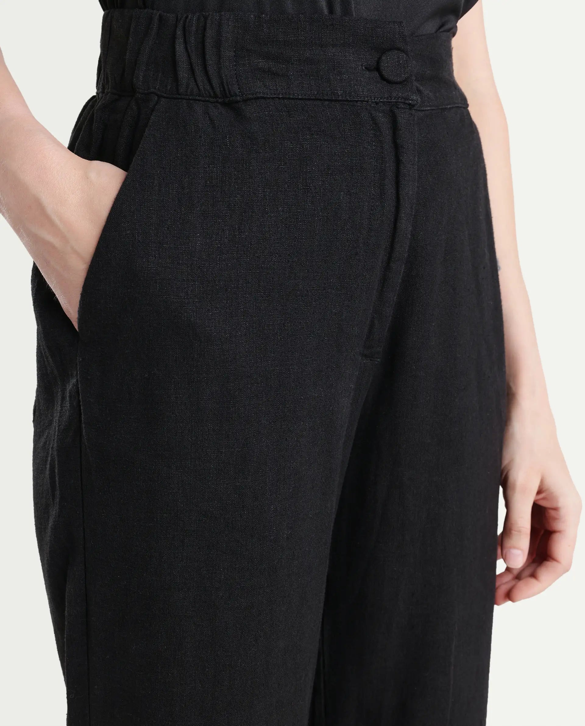 Rareism Women's Costa-B Black Linen Plain Ankle Length Tapered Trouser