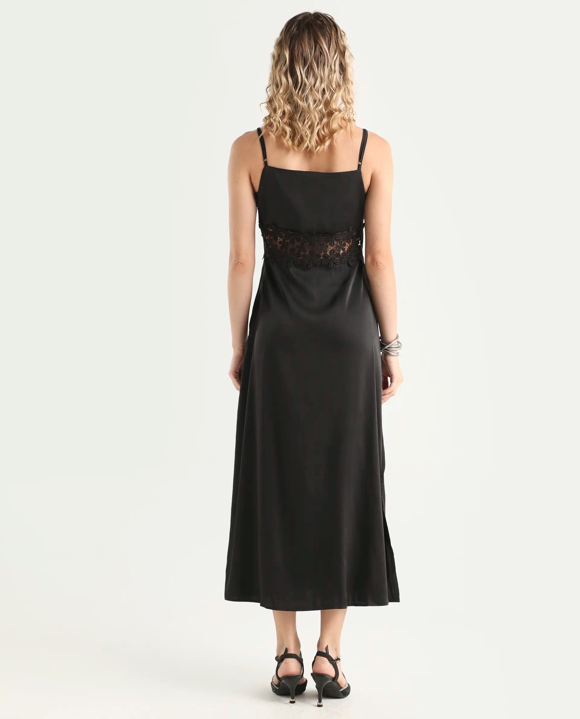 Rareism Women's Galcia Black Polyester Shoulder Strap Plain Shoulder Strap Maxi A-Line Dress