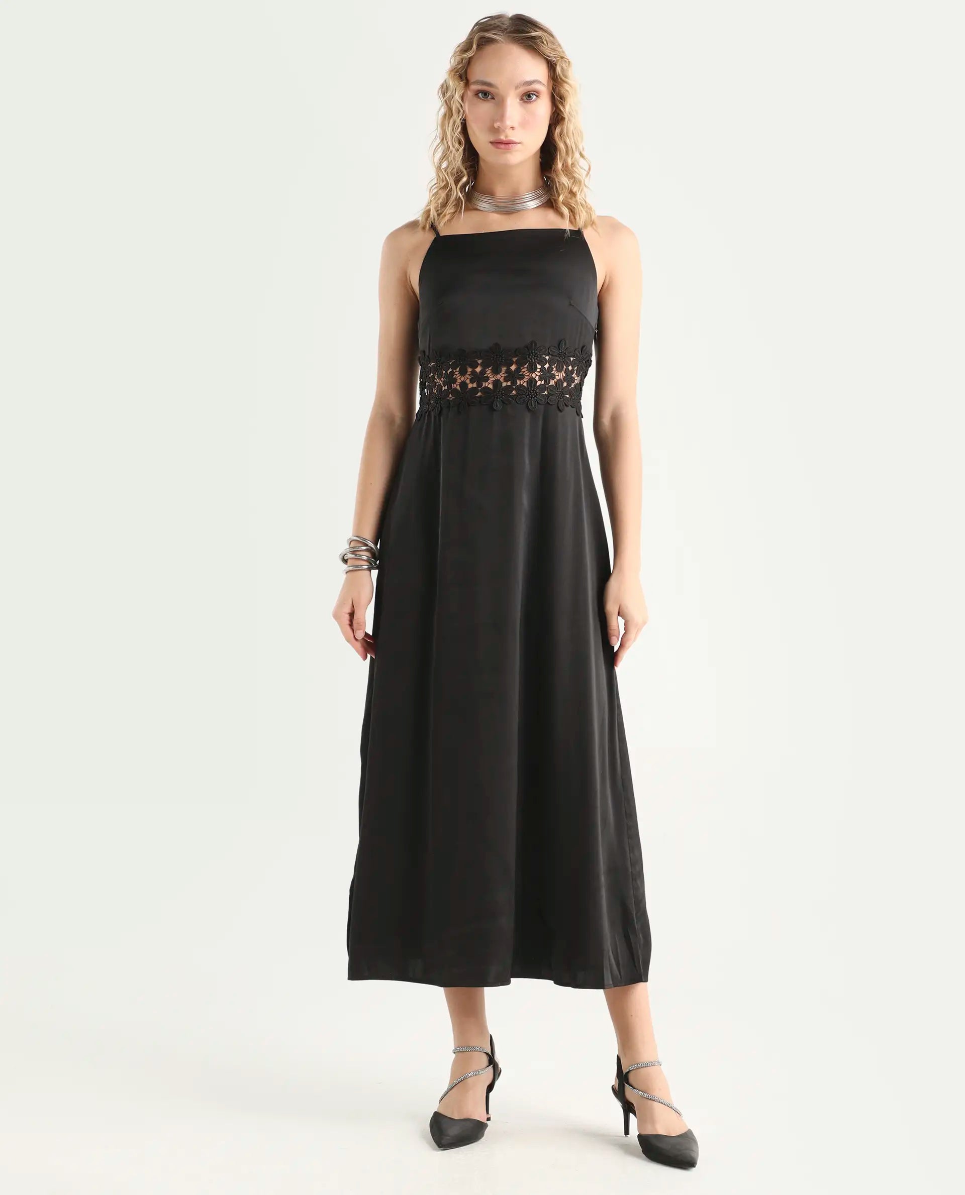 Rareism Women's Galcia Black Polyester Shoulder Strap Plain Shoulder Strap Maxi A-Line Dress