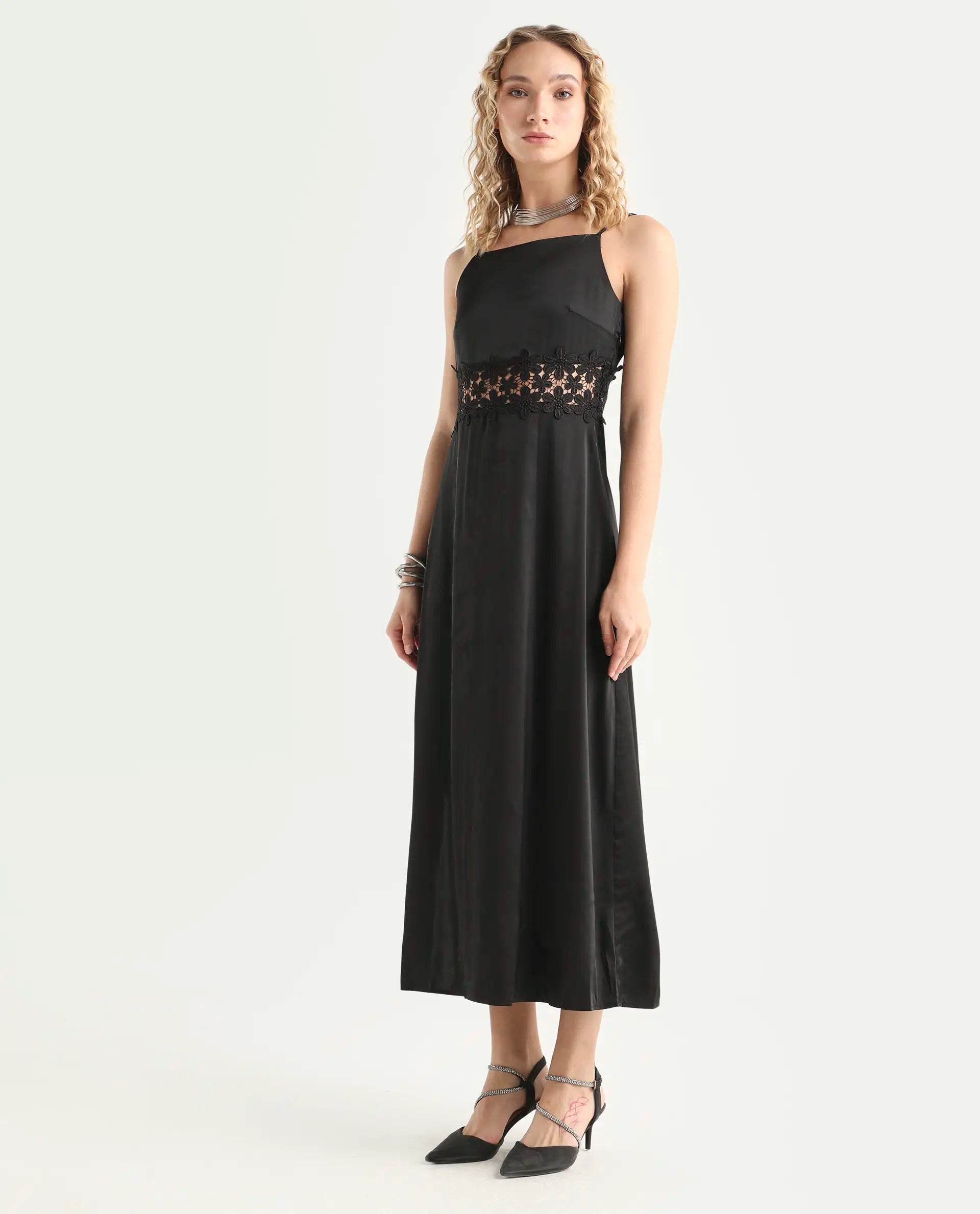 Rareism Women's Galcia Black Polyester Shoulder Strap Plain Shoulder Strap Maxi A-Line Dress