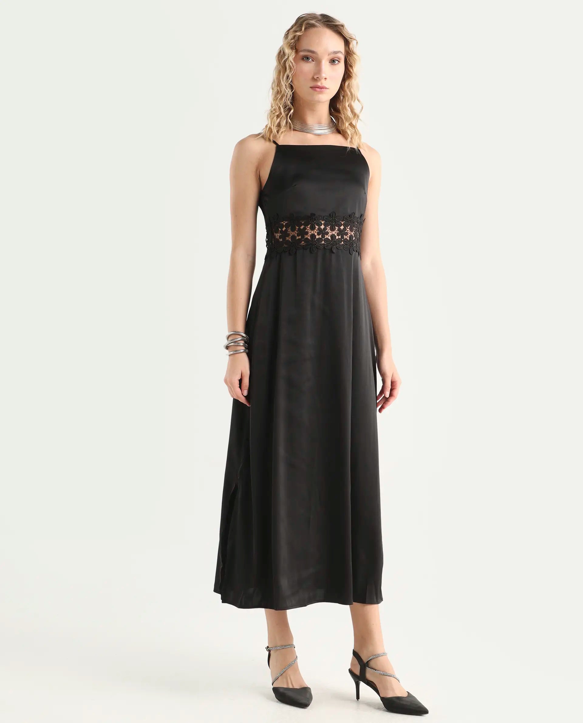 Rareism Women's Galcia Black Polyester Shoulder Strap Plain Shoulder Strap Maxi A-Line Dress