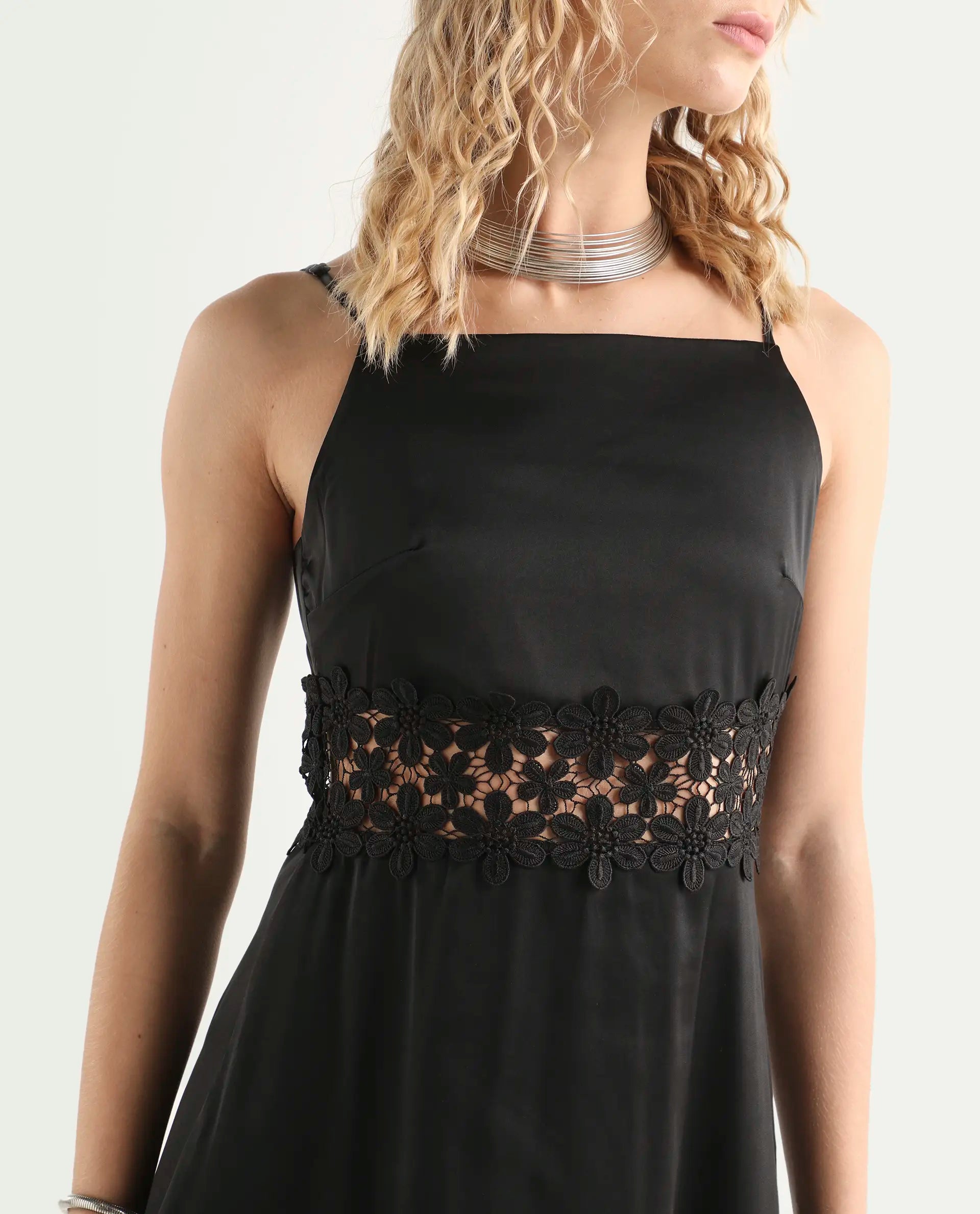 Rareism Women's Galcia Black Polyester Shoulder Strap Plain Shoulder Strap Maxi A-Line Dress