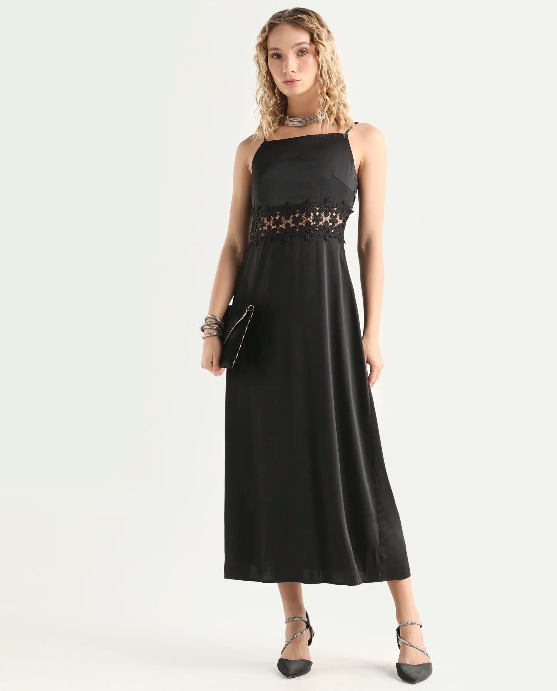 Rareism Women's Galcia Black Polyester Shoulder Strap Plain Shoulder Strap Maxi A-Line Dress