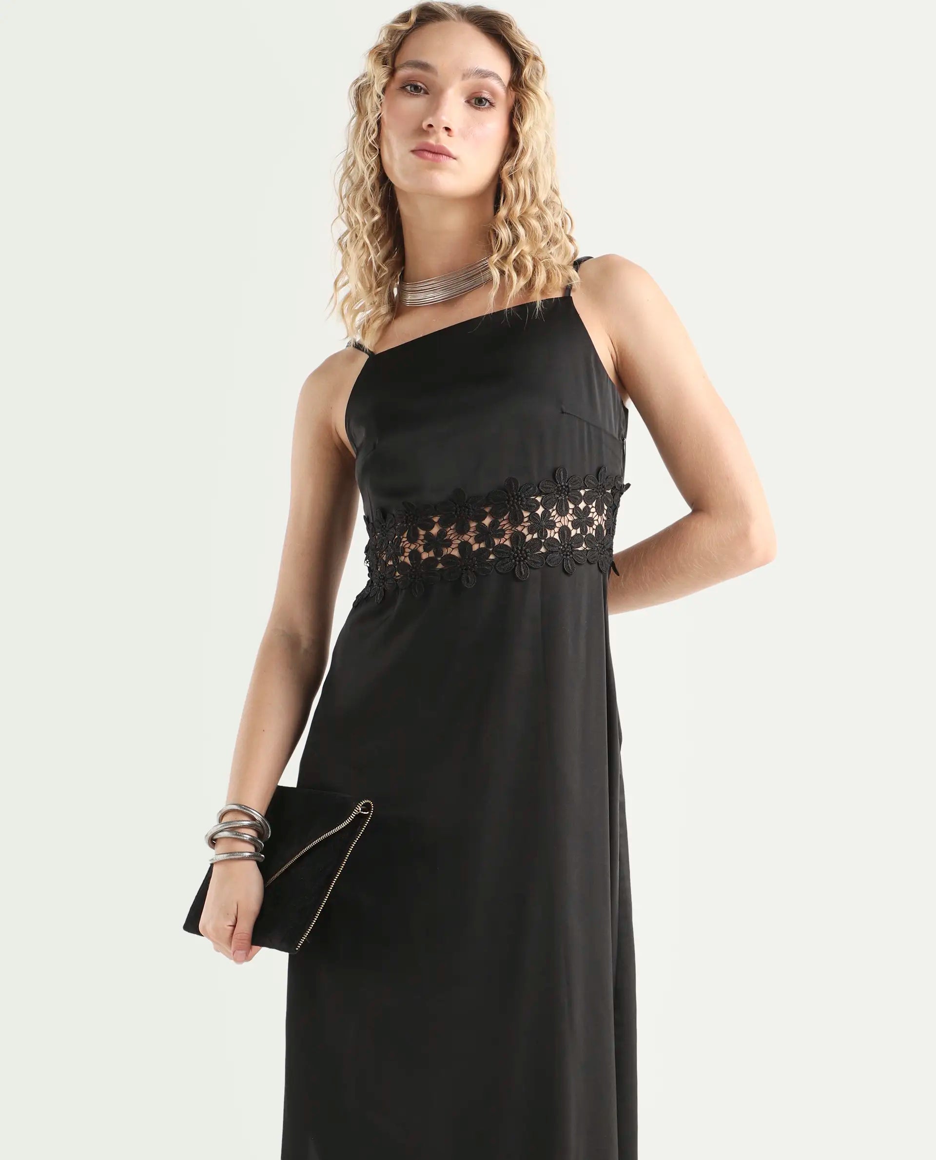 Rareism Women's Galcia Black Polyester Shoulder Strap Plain Shoulder Strap Maxi A-Line Dress