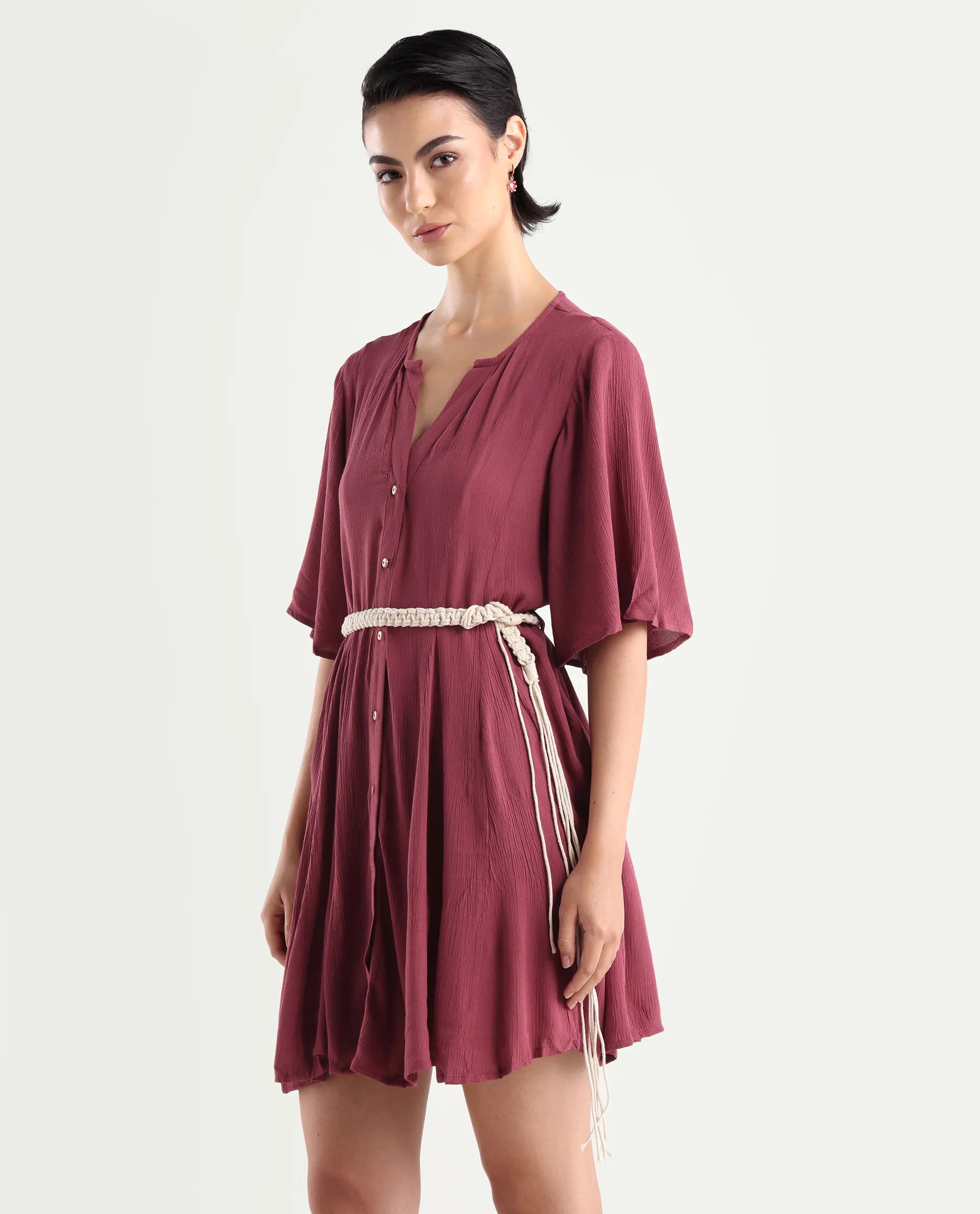 Rareism Women's Gildmore Maroon Rayon V-Neck Plain Flared Sleeve Mini Flared Dress