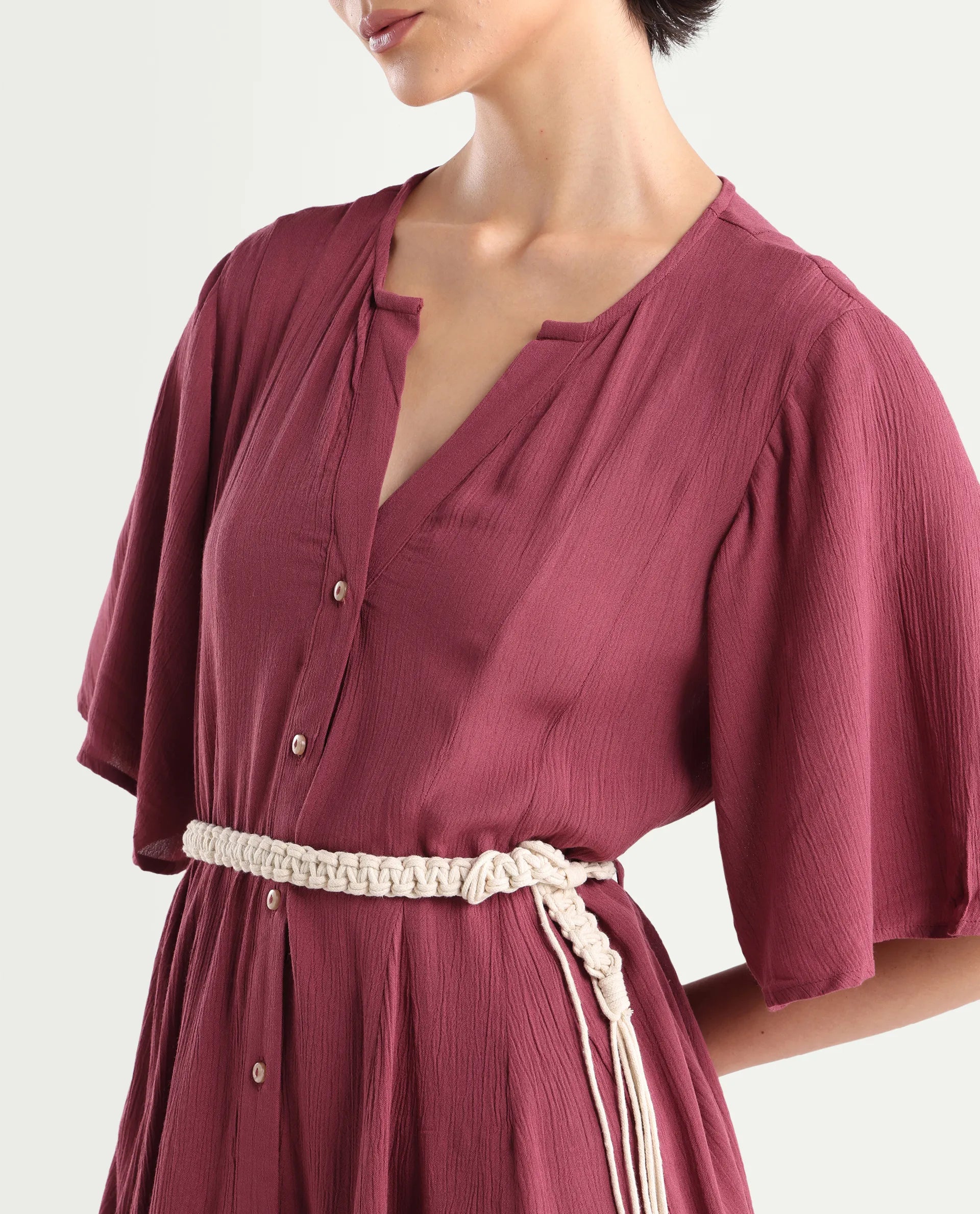 Rareism Women's Gildmore Maroon Rayon V-Neck Plain Flared Sleeve Mini Flared Dress