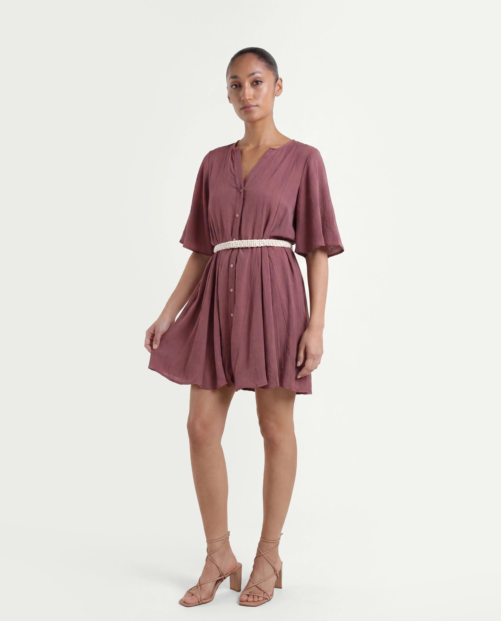 Rareism Women's Gildmore Maroon Rayon V-Neck Plain Flared Sleeve Mini Flared Dress