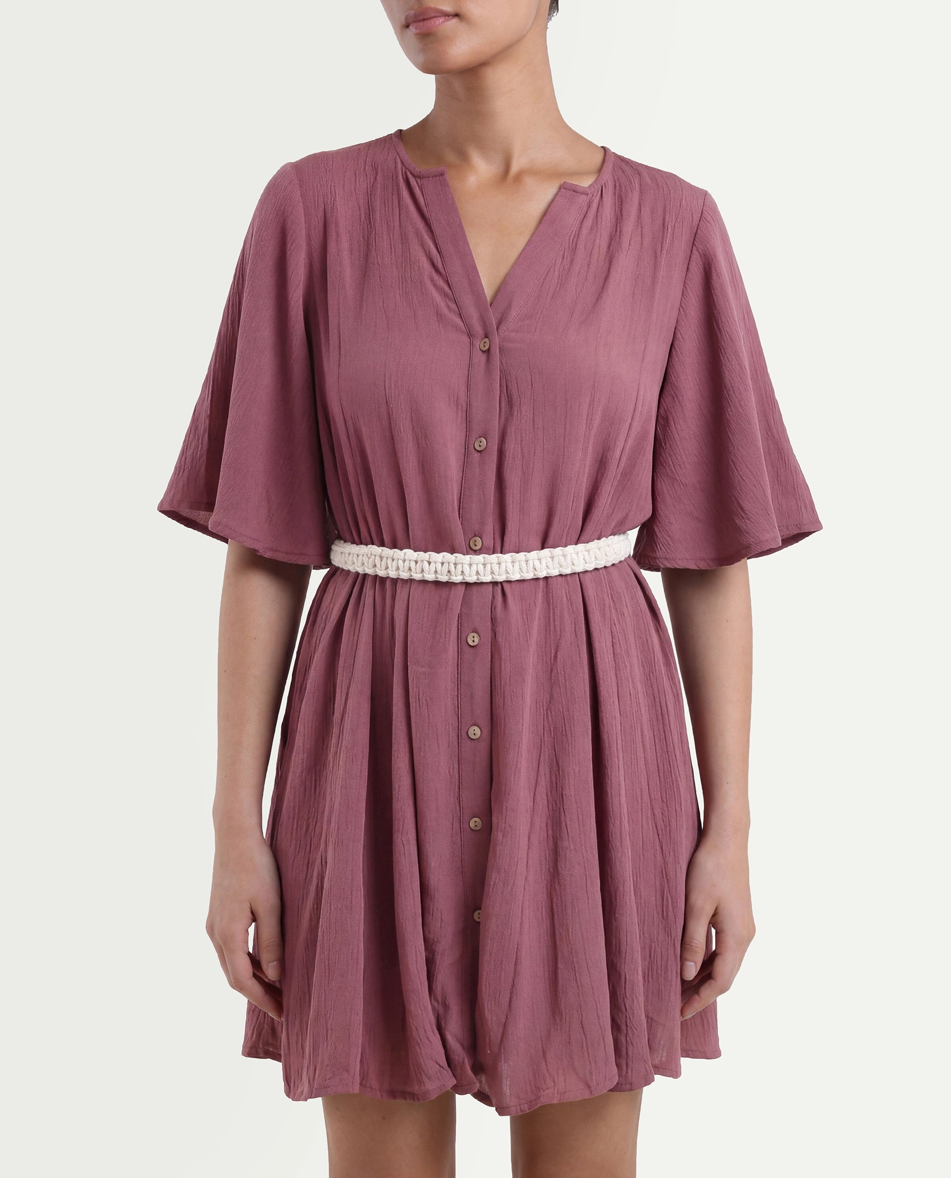 Rareism Women's Gildmore Maroon Rayon V-Neck Plain Flared Sleeve Mini Flared Dress