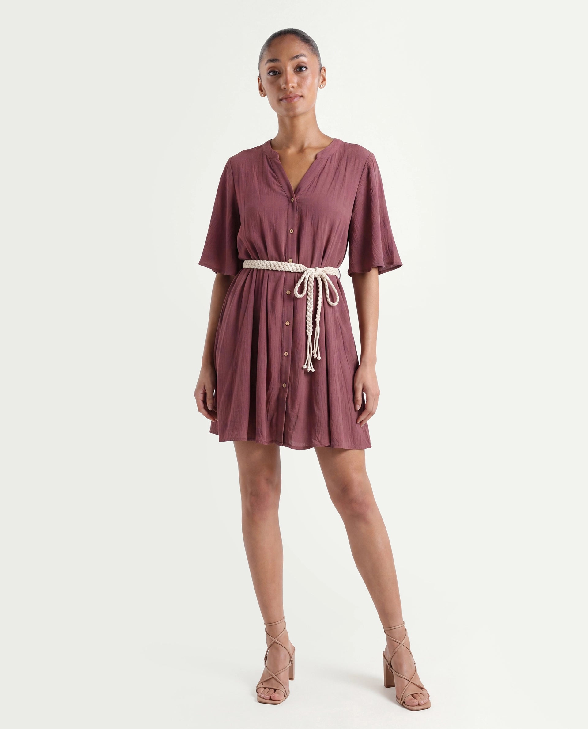 Rareism Women's Gildmore Maroon Rayon V-Neck Plain Flared Sleeve Mini Flared Dress