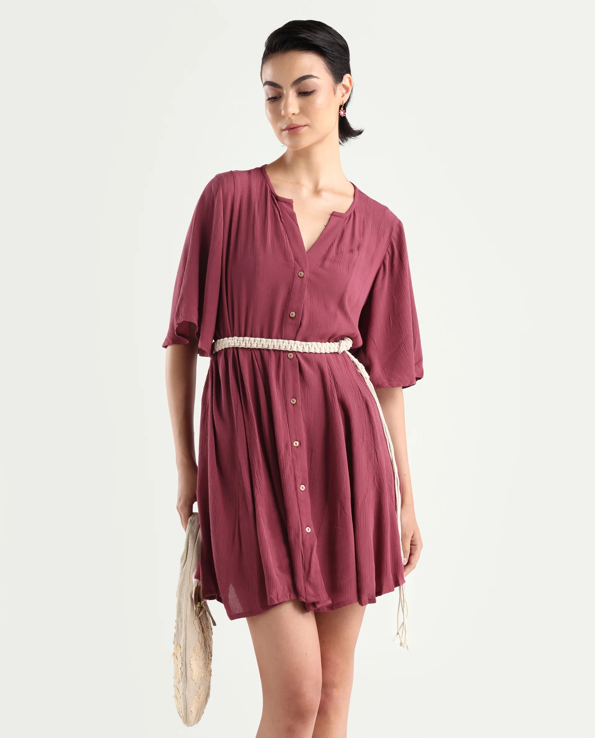 Rareism Women's Gildmore Maroon Rayon V-Neck Plain Flared Sleeve Mini Flared Dress