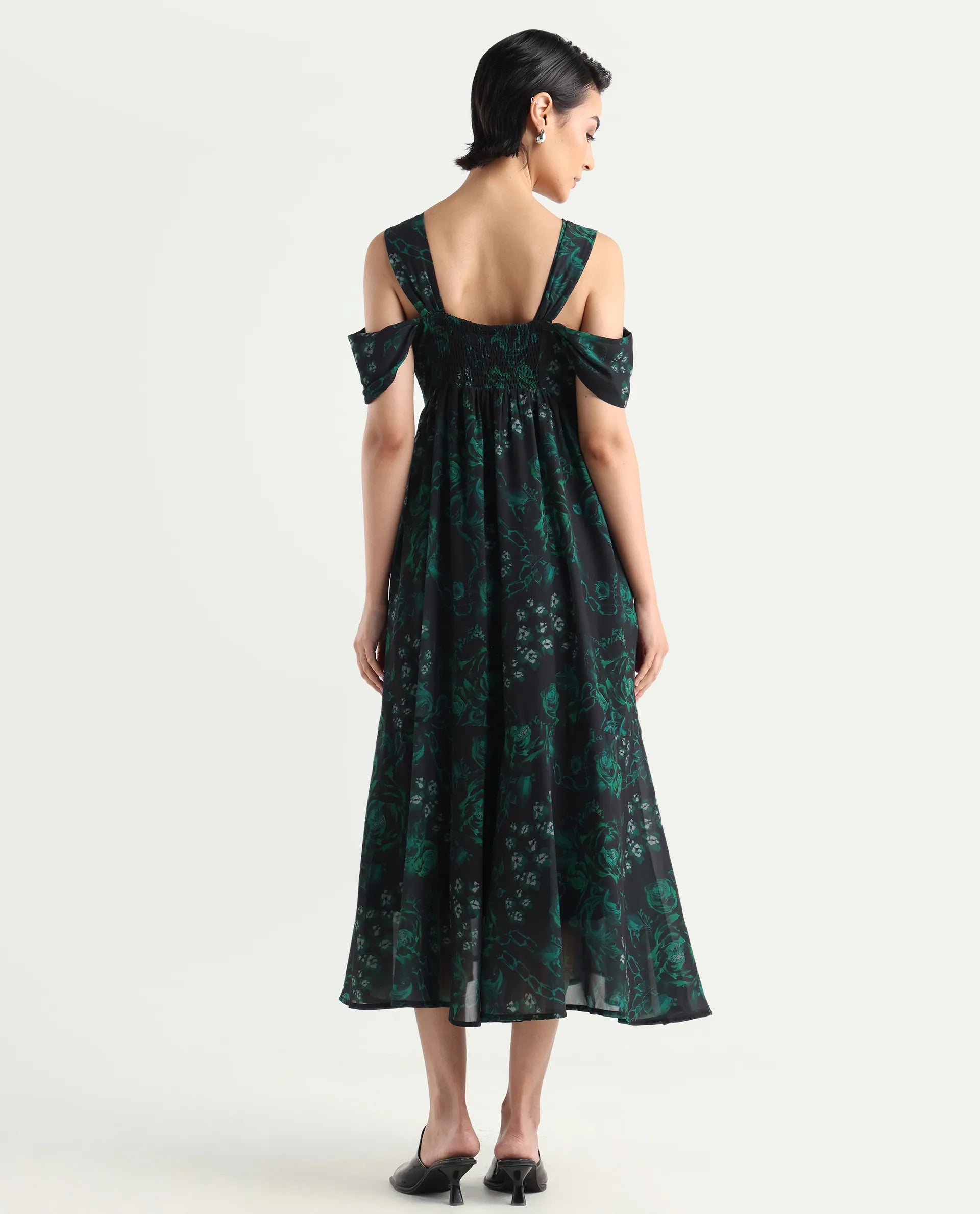 Rareism Women's Groves Black Polyester Blend Shoulder Strap Floral Print Shoulder Strap Maxi Fit And Flare Dress