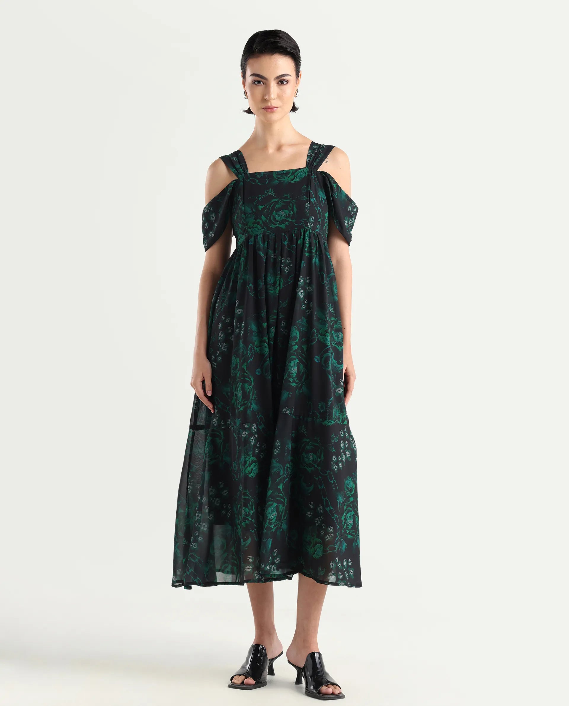 Rareism Women's Groves Black Polyester Blend Shoulder Strap Floral Print Shoulder Strap Maxi Fit And Flare Dress