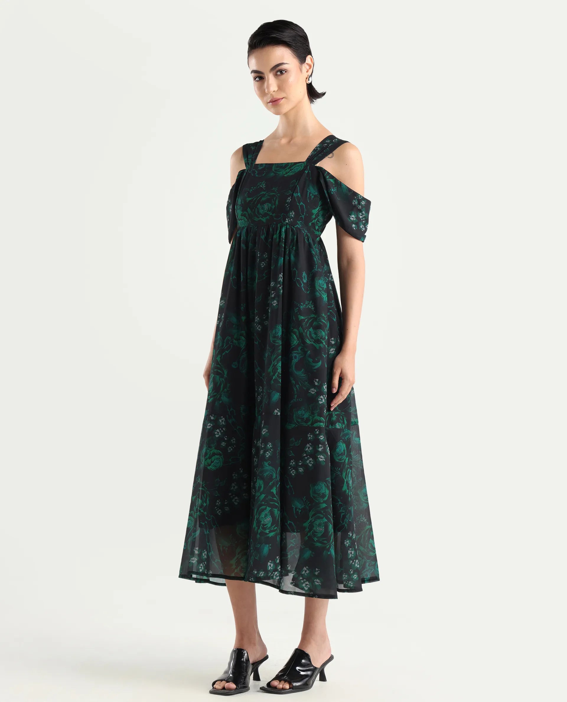 Rareism Women's Groves Black Polyester Blend Shoulder Strap Floral Print Shoulder Strap Maxi Fit And Flare Dress