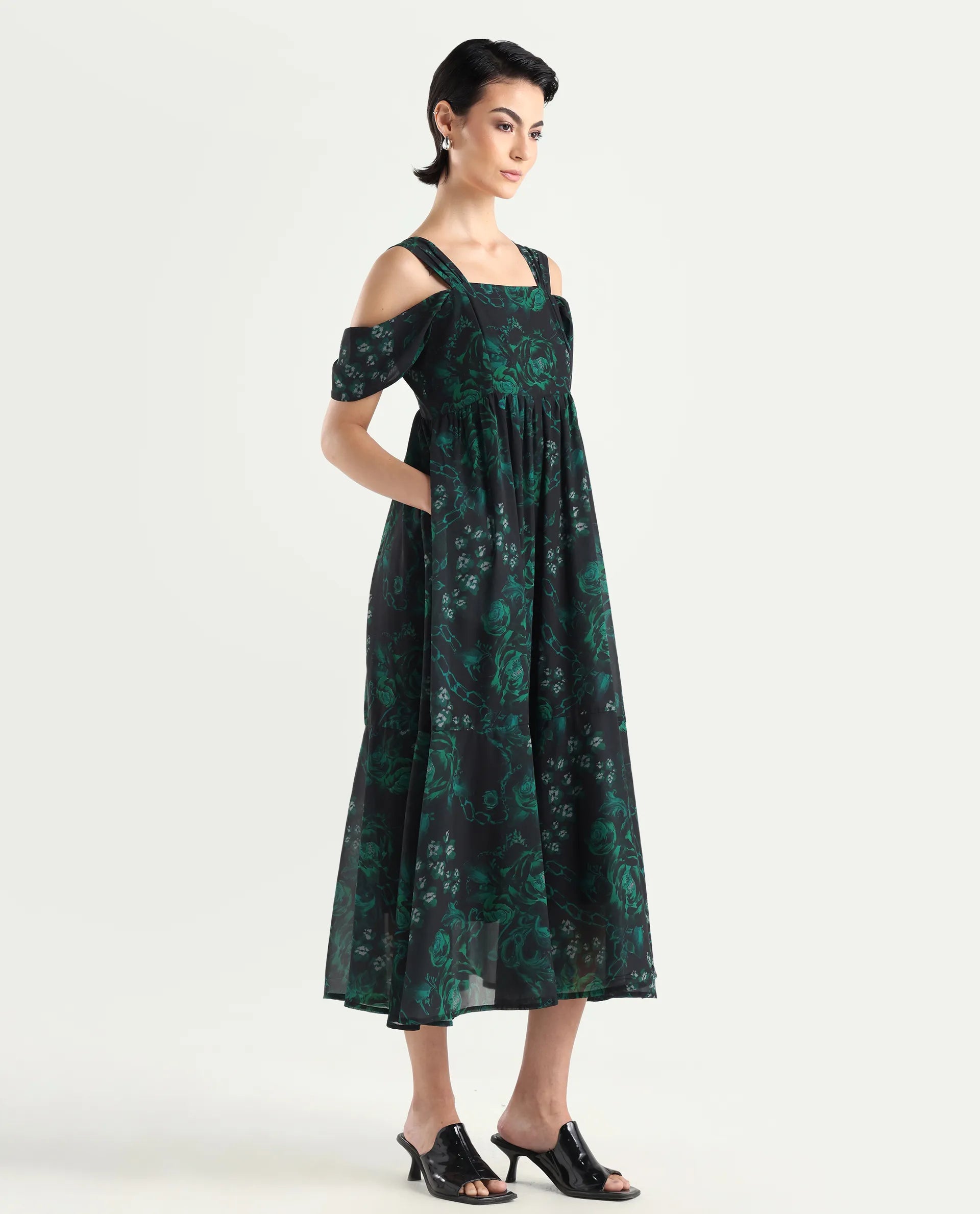 Rareism Women's Groves Black Polyester Blend Shoulder Strap Floral Print Shoulder Strap Maxi Fit And Flare Dress