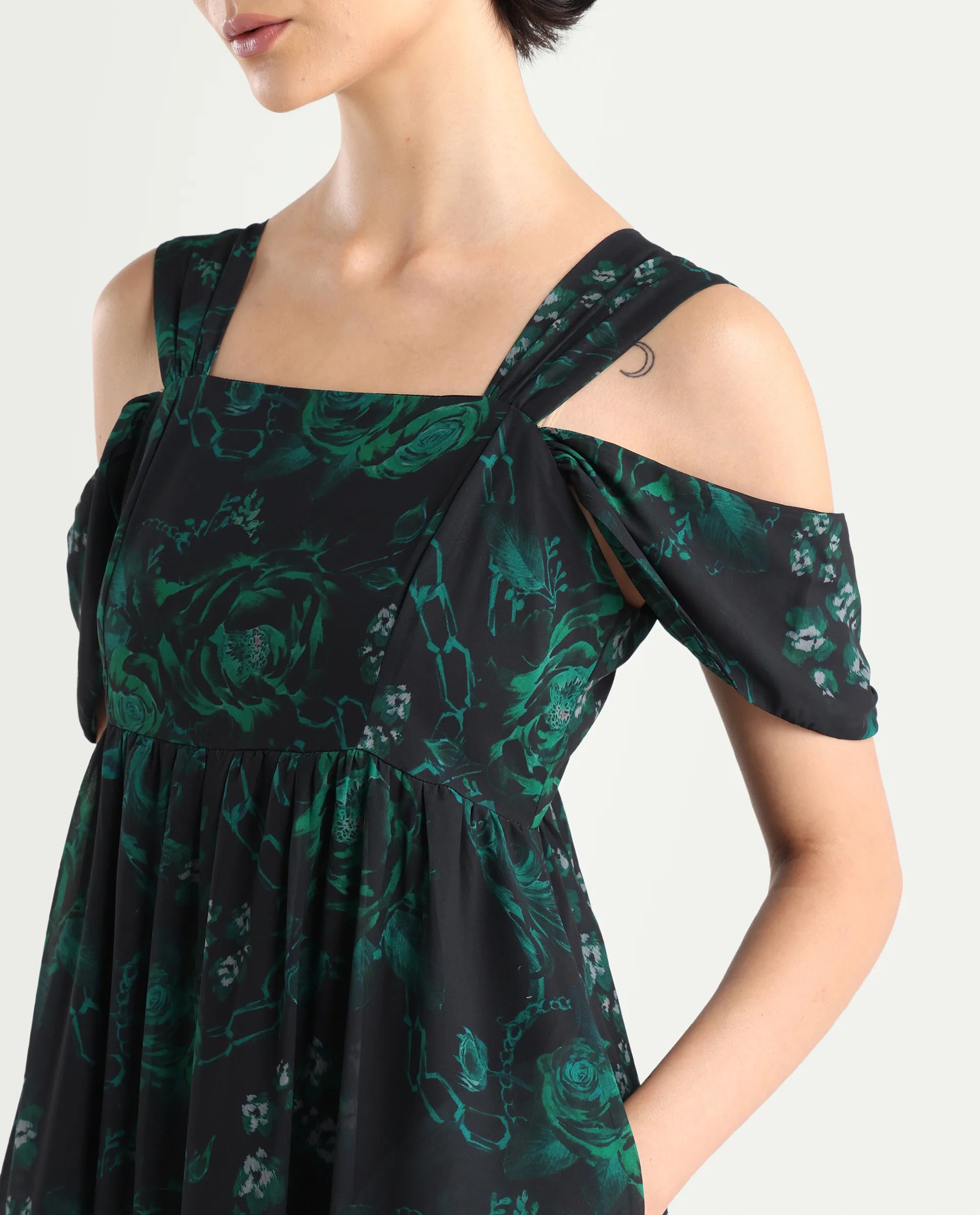 Rareism Women's Groves Black Polyester Blend Shoulder Strap Floral Print Shoulder Strap Maxi Fit And Flare Dress