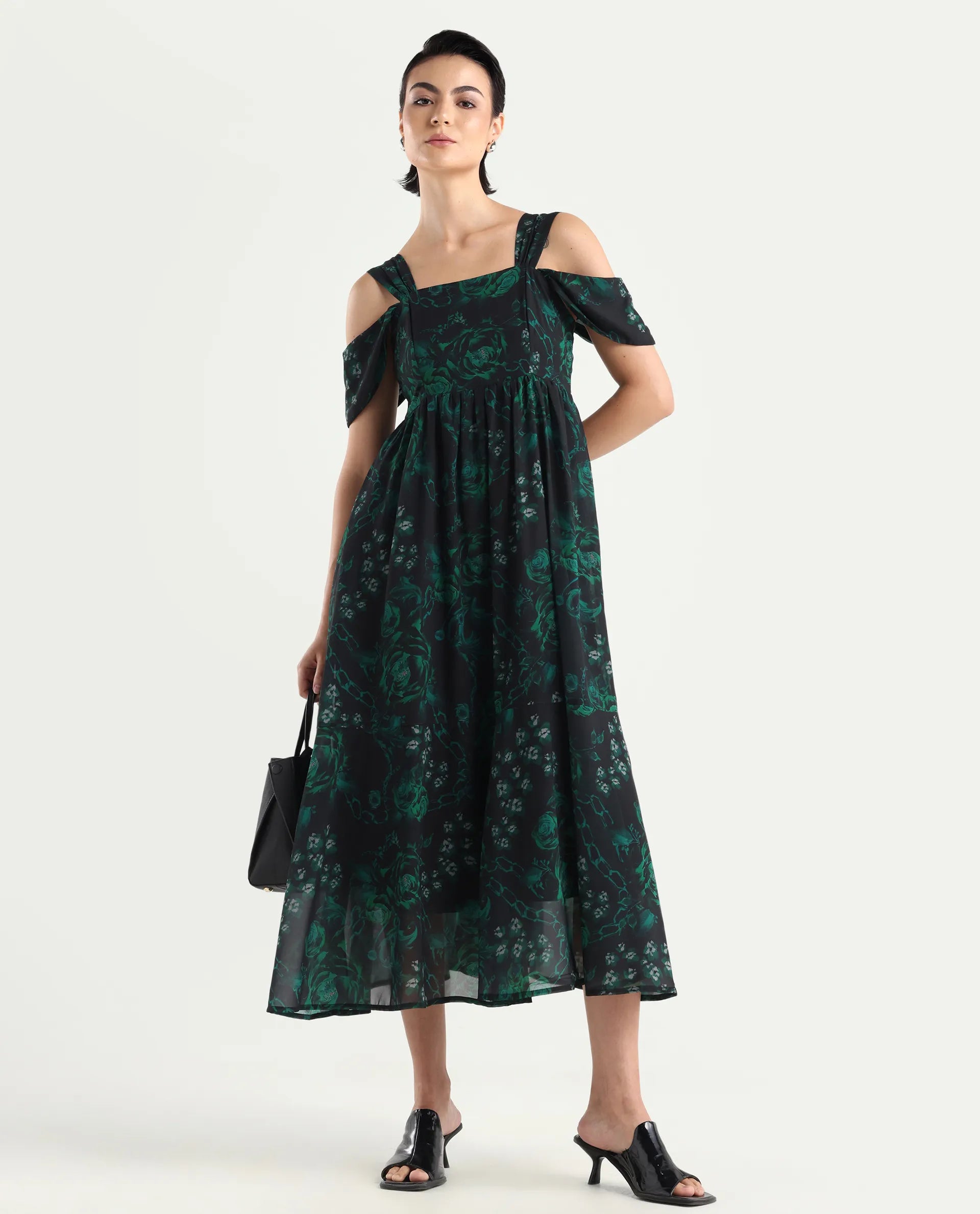 Rareism Women's Groves Black Polyester Blend Shoulder Strap Floral Print Shoulder Strap Maxi Fit And Flare Dress