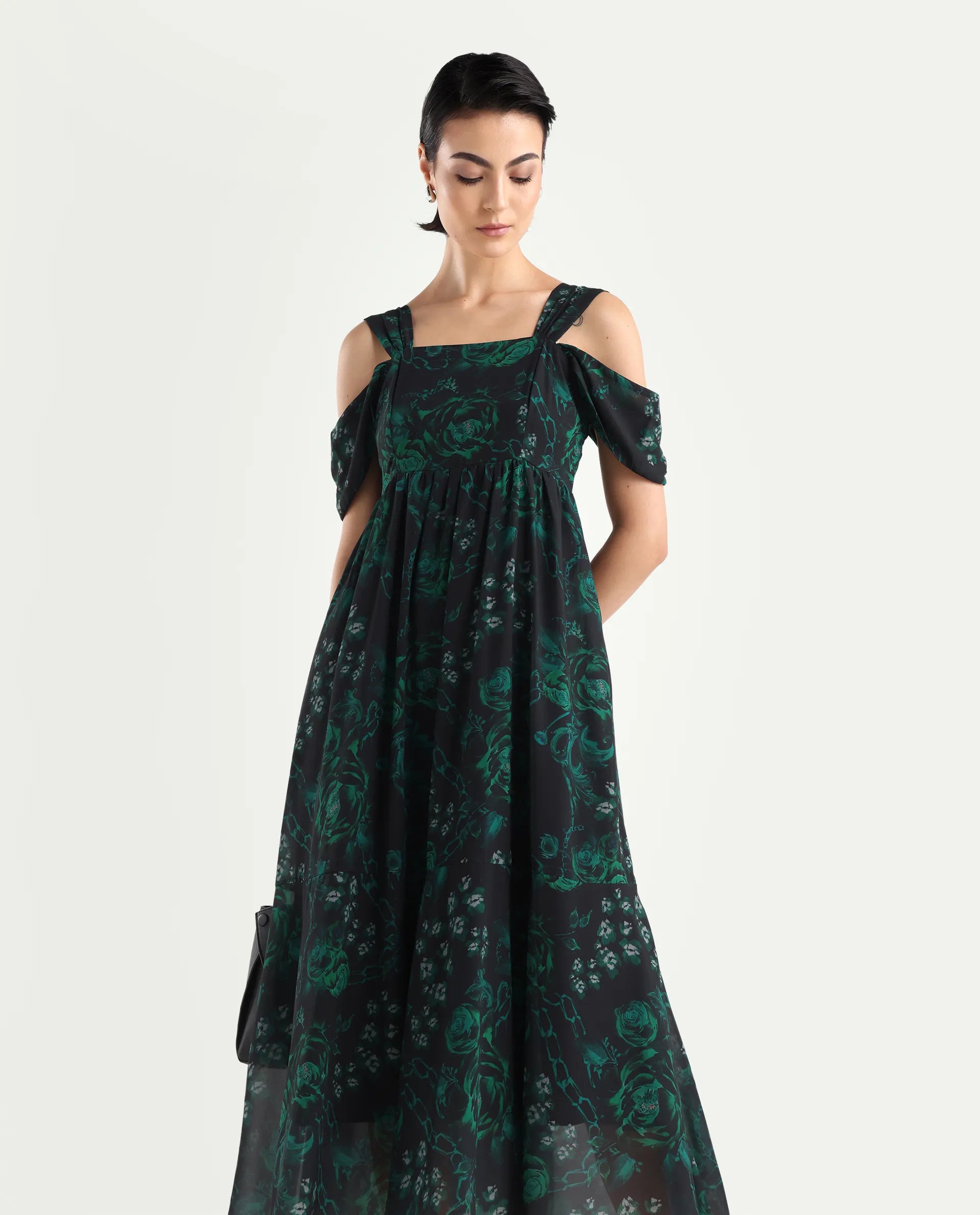 Rareism Women's Groves Black Polyester Blend Shoulder Strap Floral Print Shoulder Strap Maxi Fit And Flare Dress