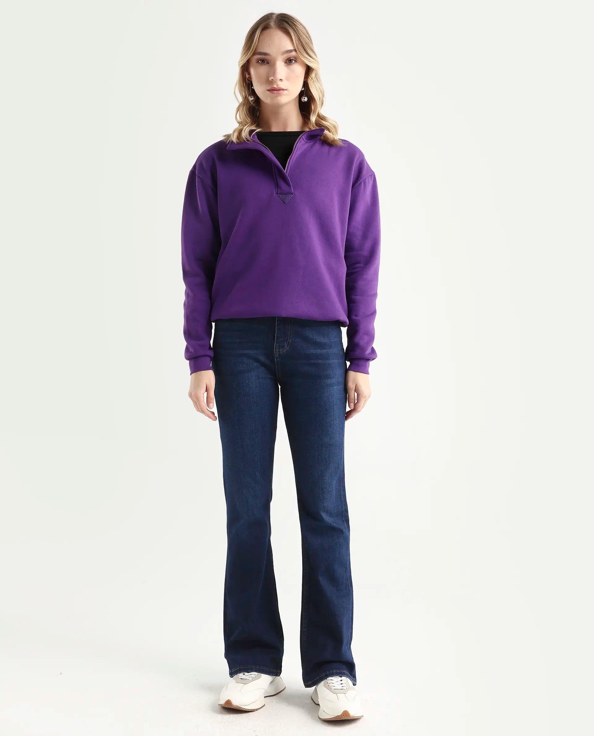 Rareism Women's Hadley Dark Blue Cotton Blend Plain Ankle Length Iconic Bootcut Jeans