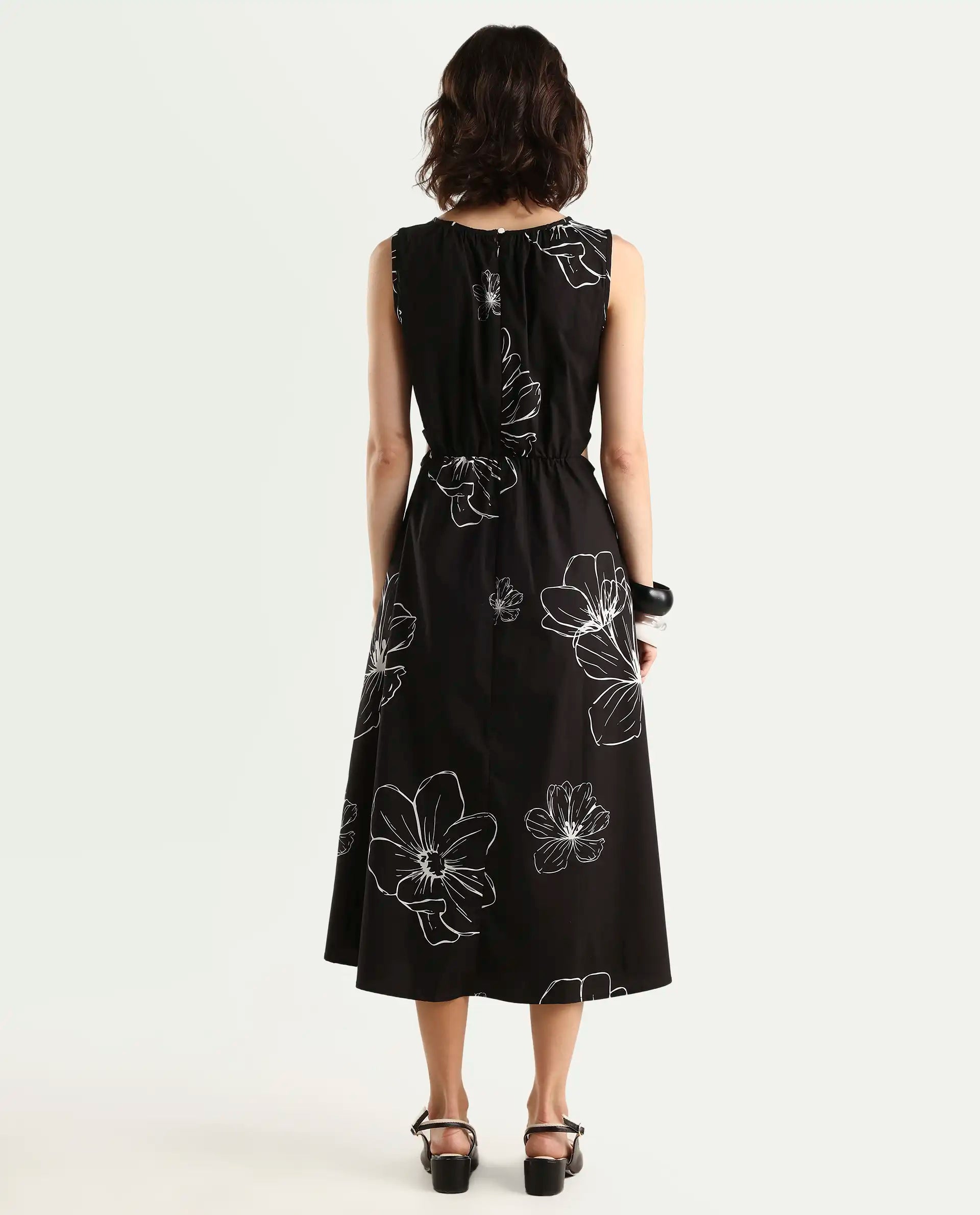 Rareism Women's Layla Brown Cotton Blend Crew Neck Floral Print Sleeveless Midi Fit And Flare Dress