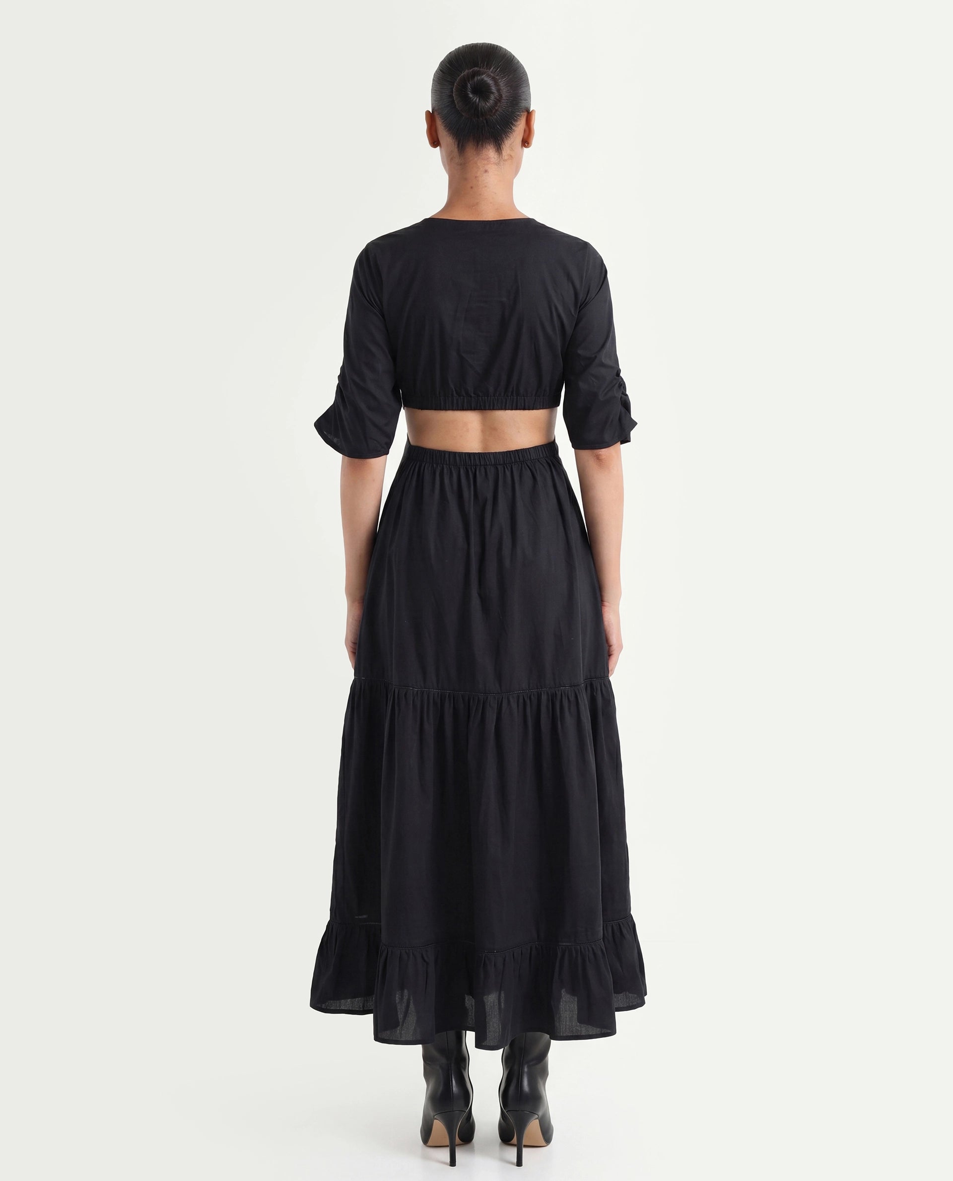 Rareism Women's Lesman Black Cotton V-Neck Plain Puff Sleeves Maxi Fit And Flare Dress