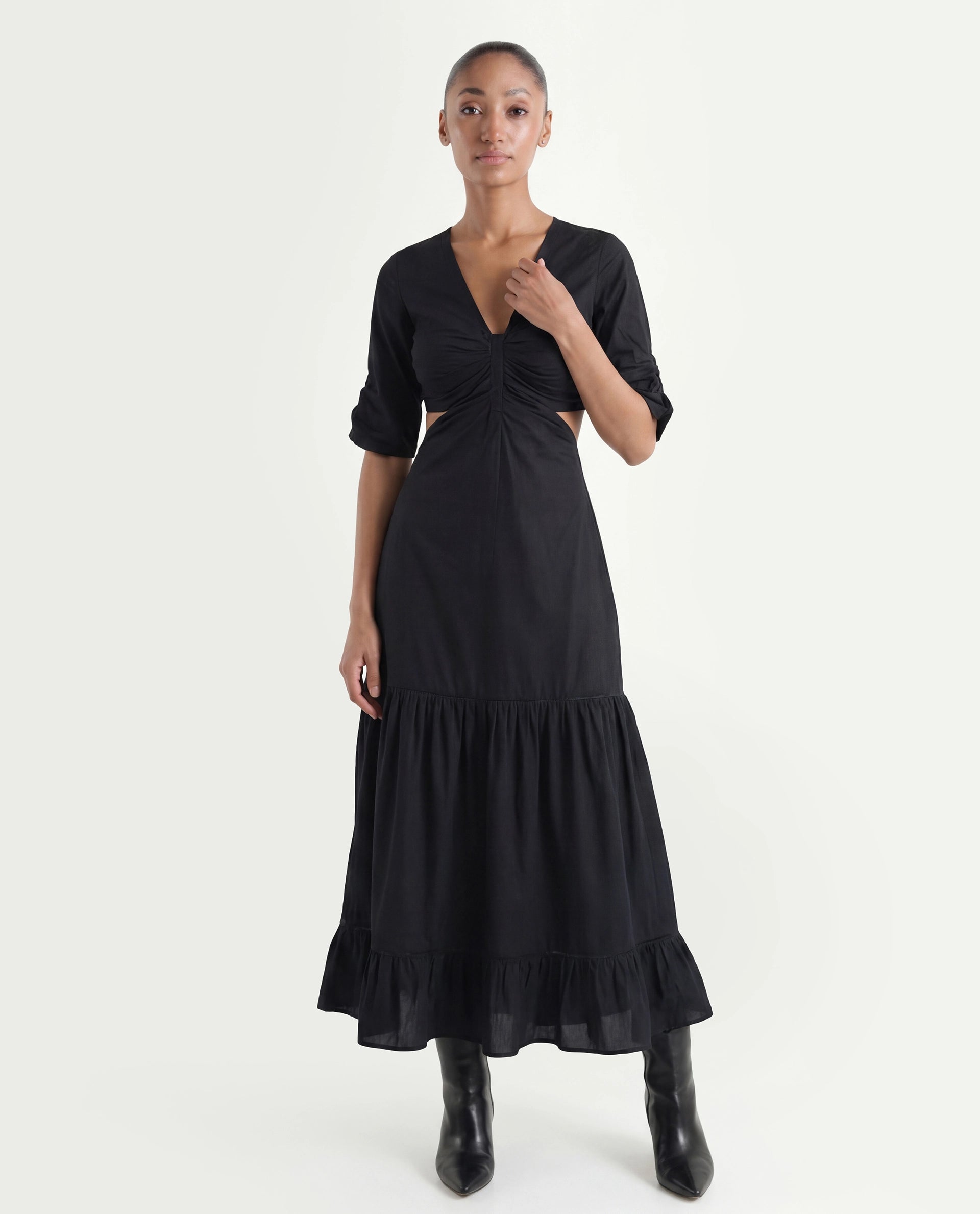 Rareism Women's Lesman Black Cotton V-Neck Plain Puff Sleeves Maxi Fit And Flare Dress