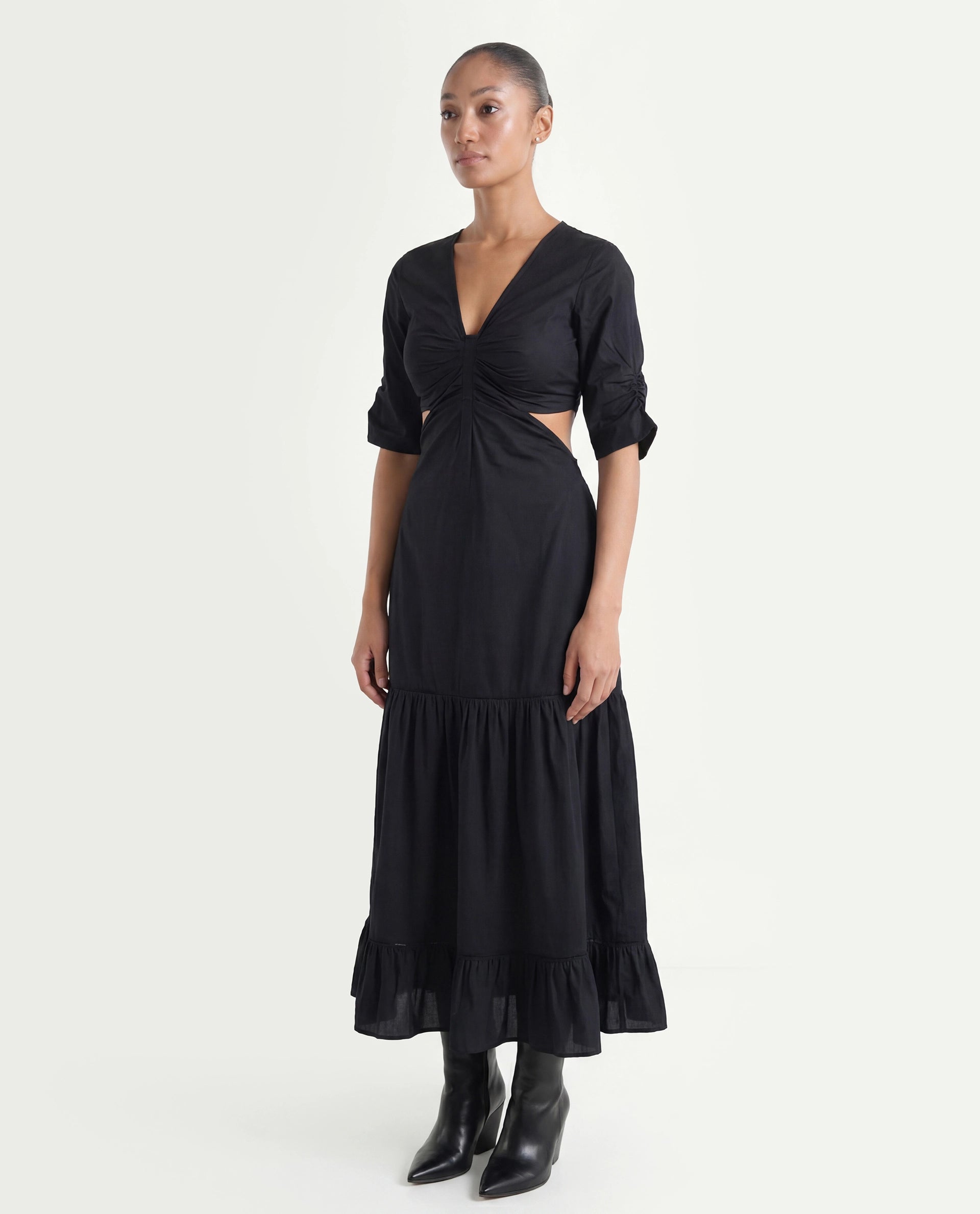 Rareism Women's Lesman Black Cotton V-Neck Plain Puff Sleeves Maxi Fit And Flare Dress