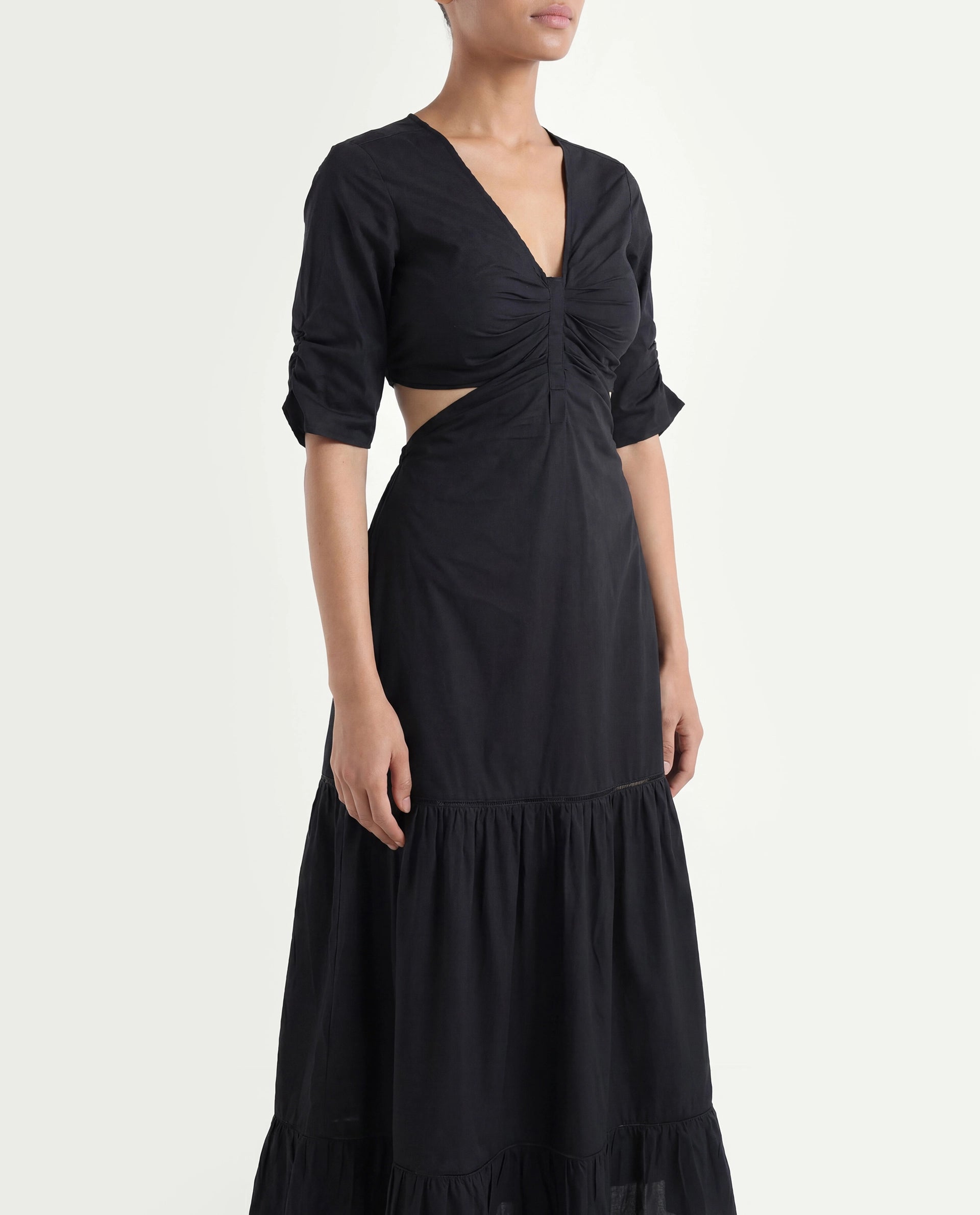 Rareism Women's Lesman Black Cotton V-Neck Plain Puff Sleeves Maxi Fit And Flare Dress
