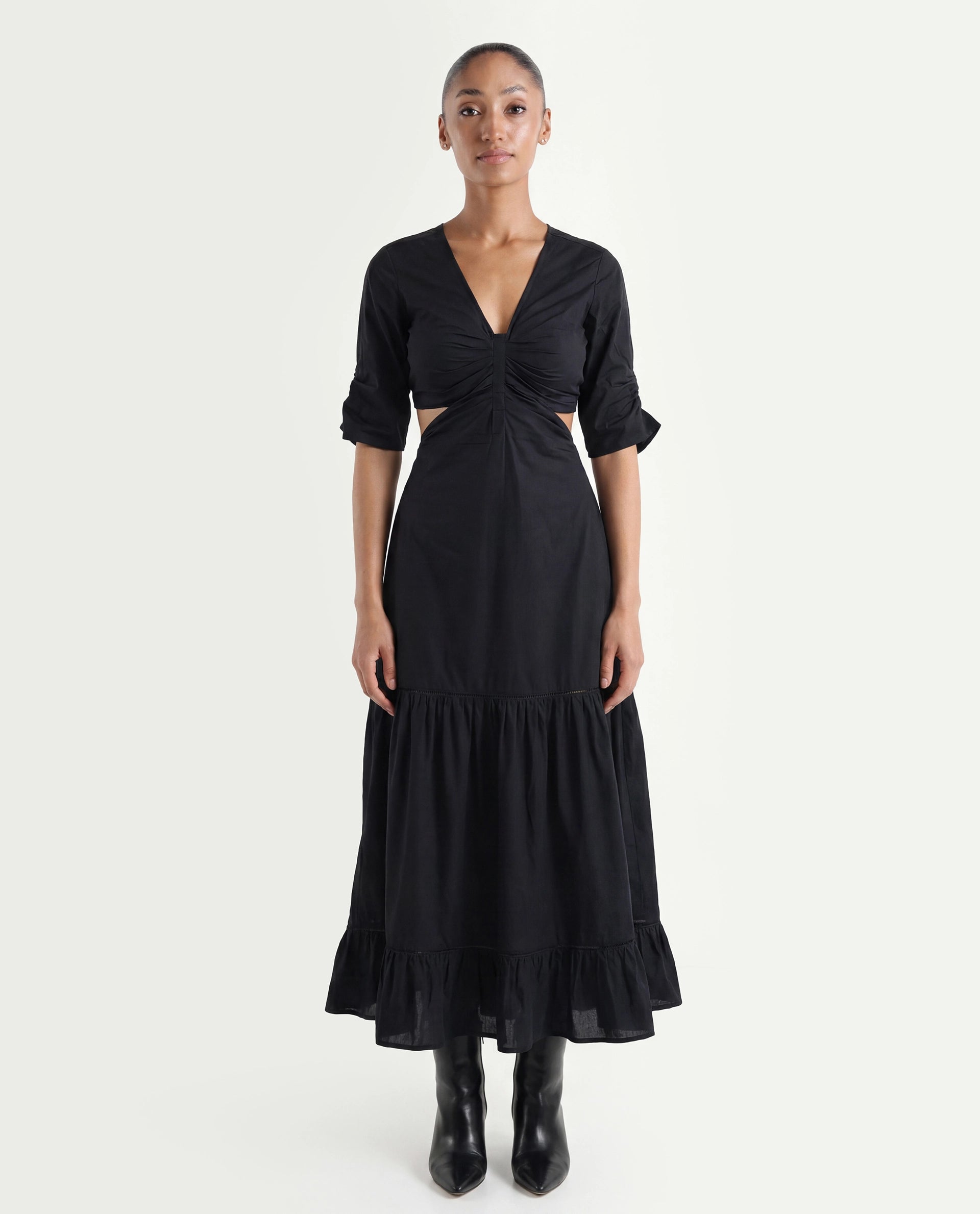 Rareism Women's Lesman Black Cotton V-Neck Plain Puff Sleeves Maxi Fit And Flare Dress