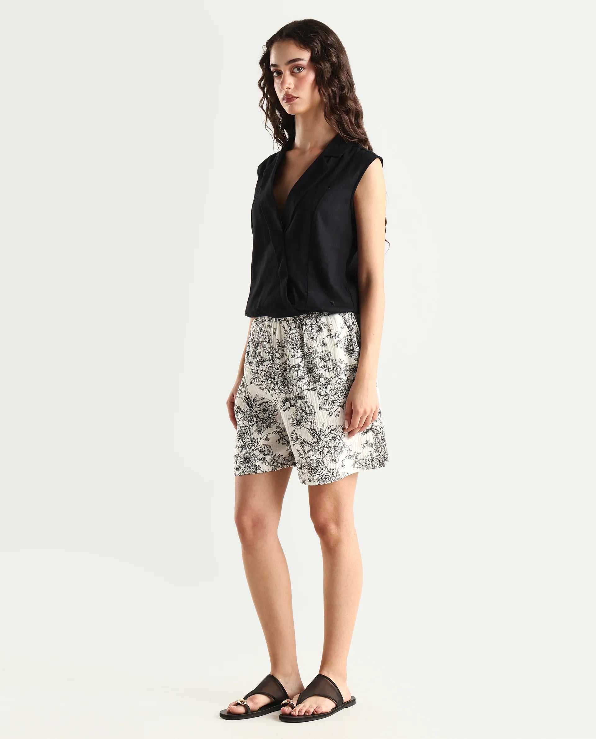 Rareism Women's Lorainet Off White Cotton Floral Print Mini Relaxed Fit Shorts