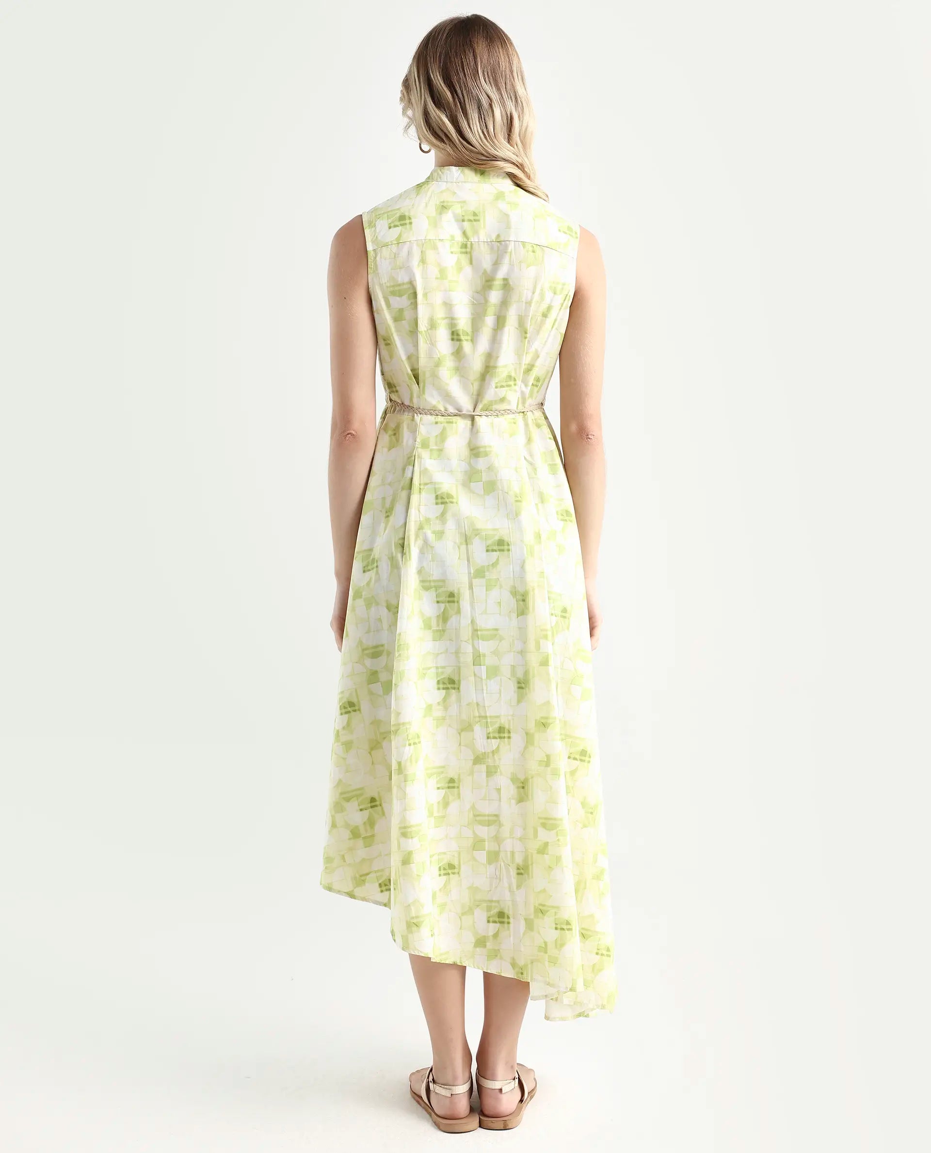 Rareism Women's Loralai Green Cotton Crew Neck Geometric Print Sleeveless Maxi Flared Dress