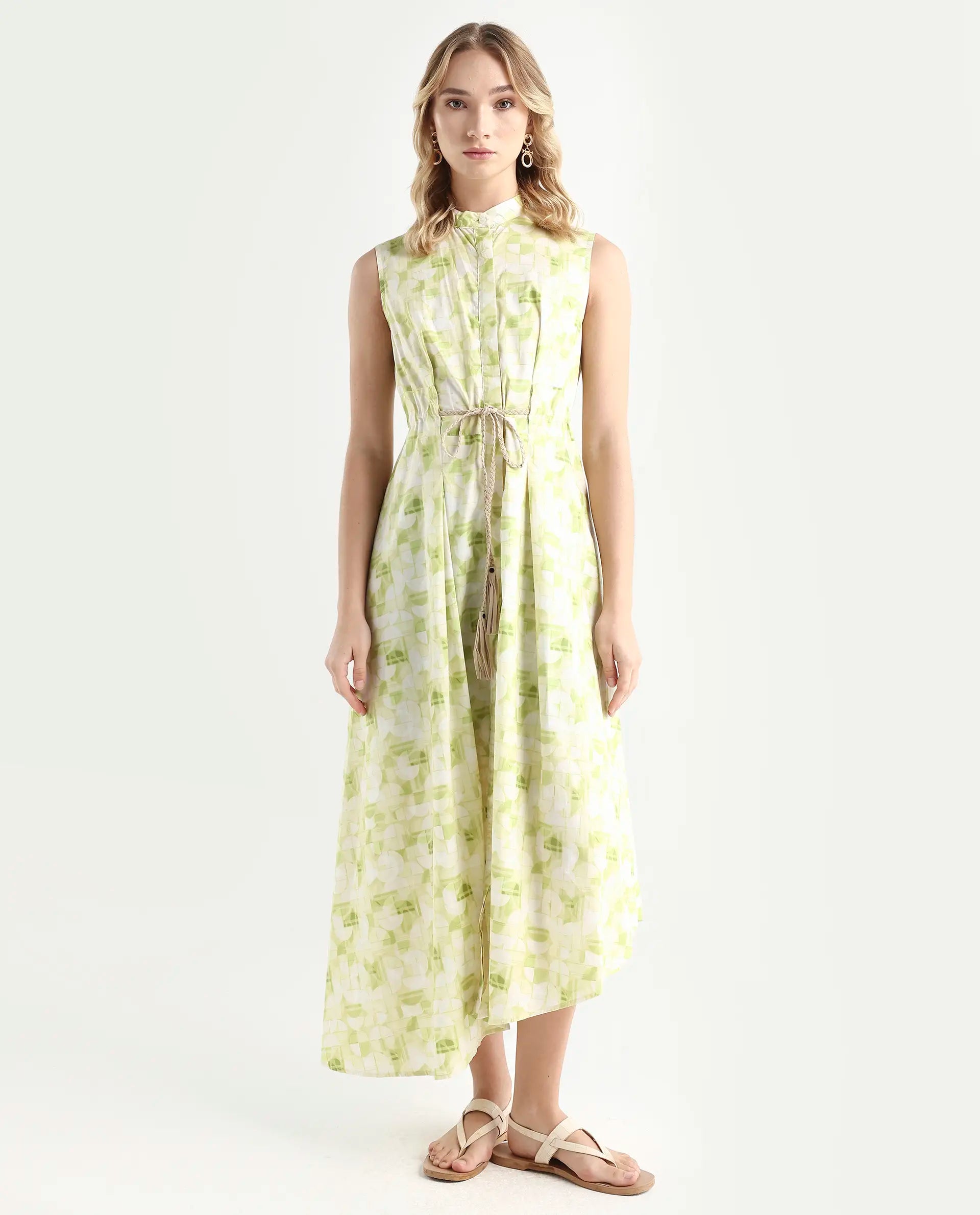 Rareism Women's Loralai Green Cotton Crew Neck Geometric Print Sleeveless Maxi Flared Dress