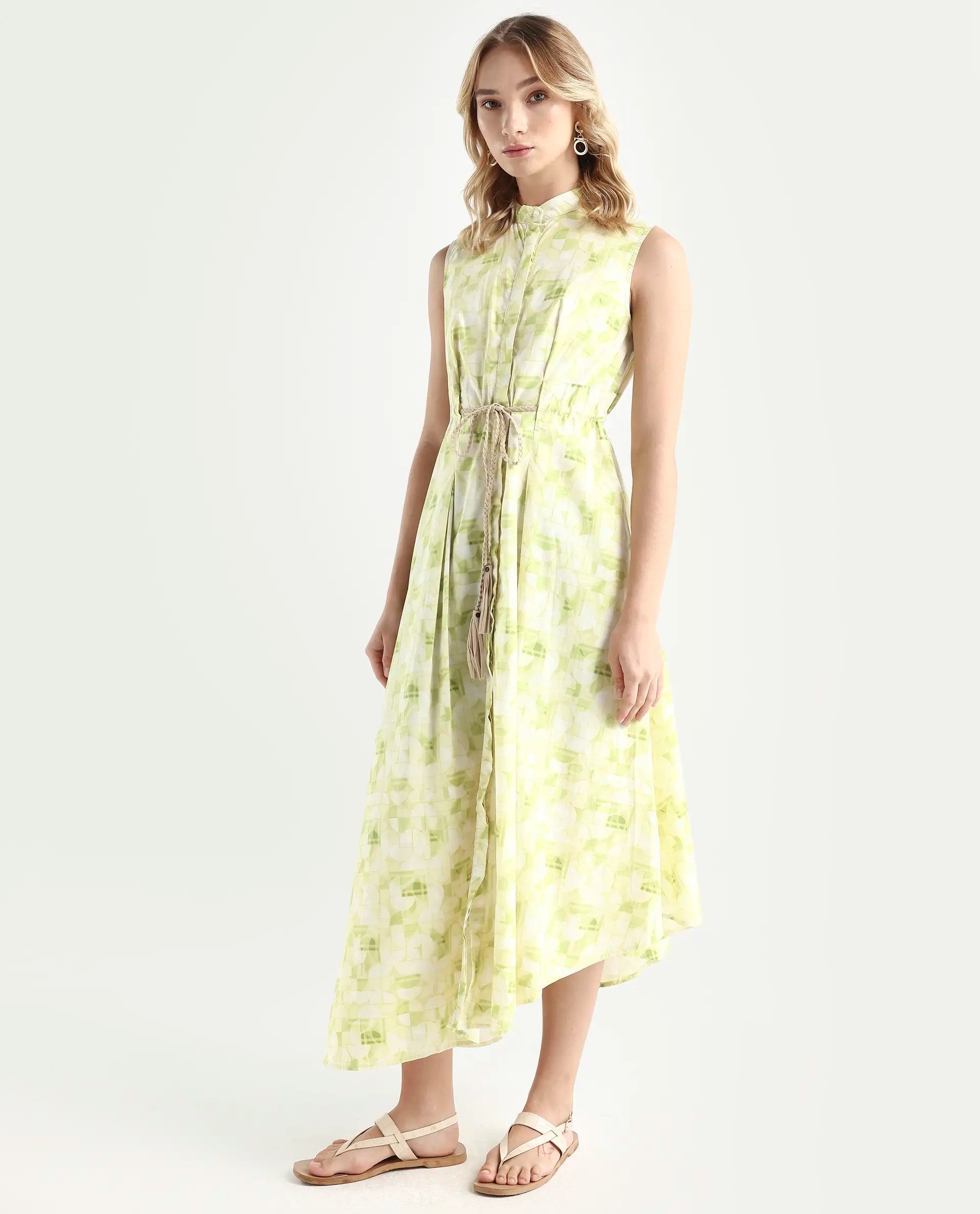 Rareism Women's Loralai Green Cotton Crew Neck Geometric Print Sleeveless Maxi Flared Dress