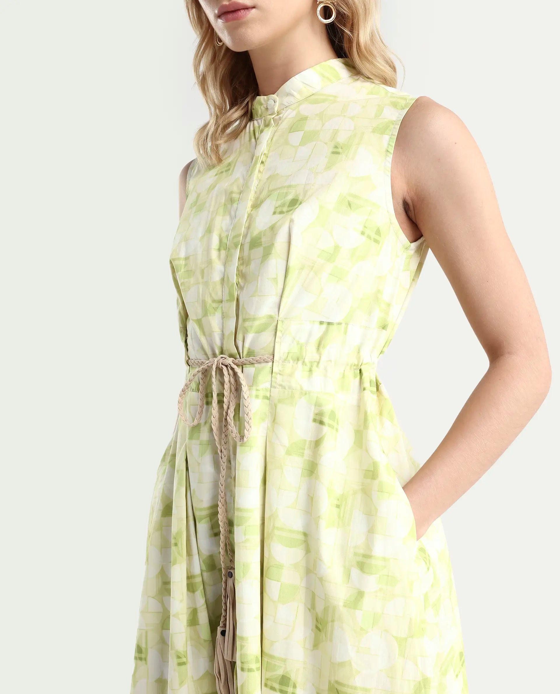 Rareism Women's Loralai Green Cotton Crew Neck Geometric Print Sleeveless Maxi Flared Dress