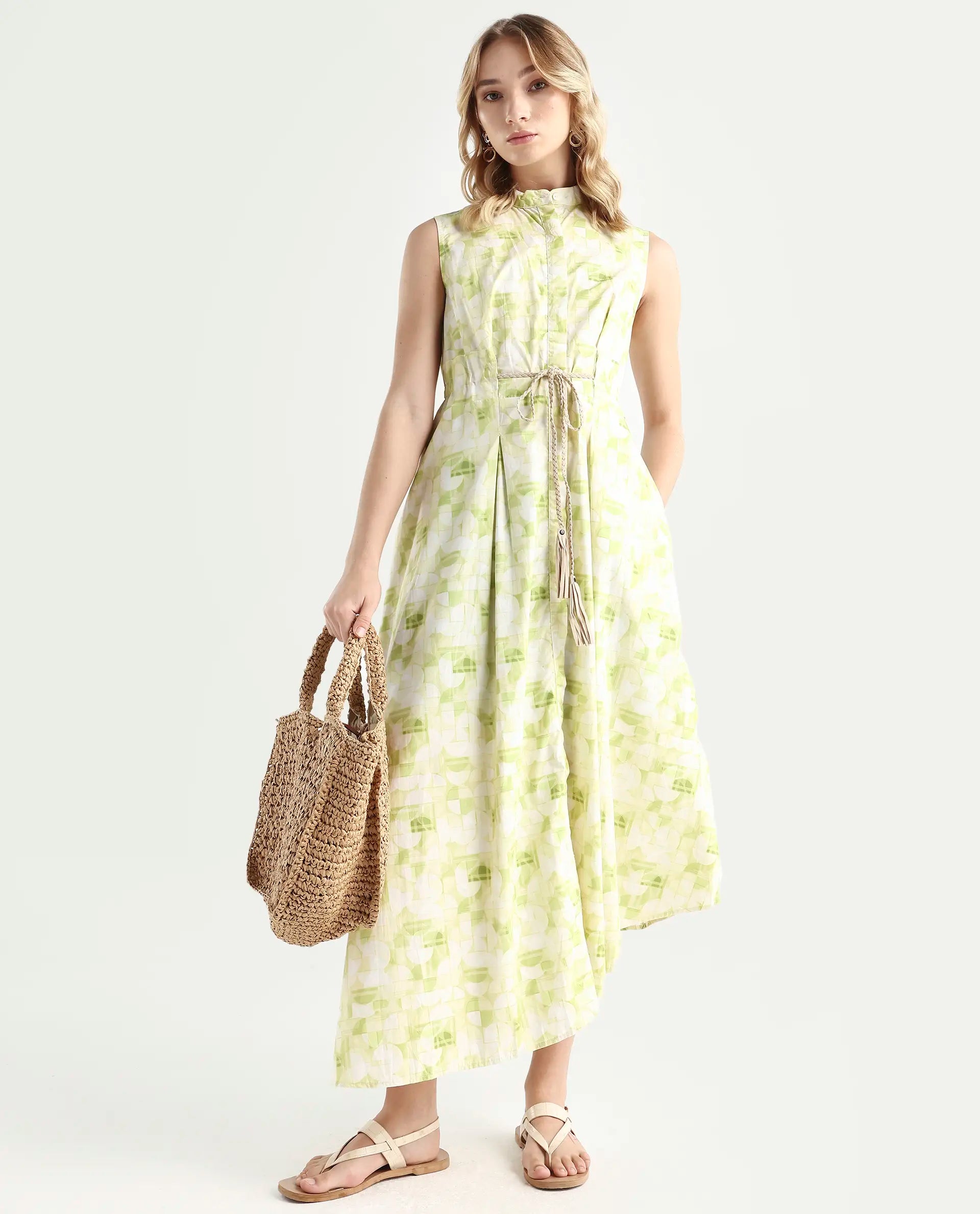 Rareism Women's Loralai Green Cotton Crew Neck Geometric Print Sleeveless Maxi Flared Dress