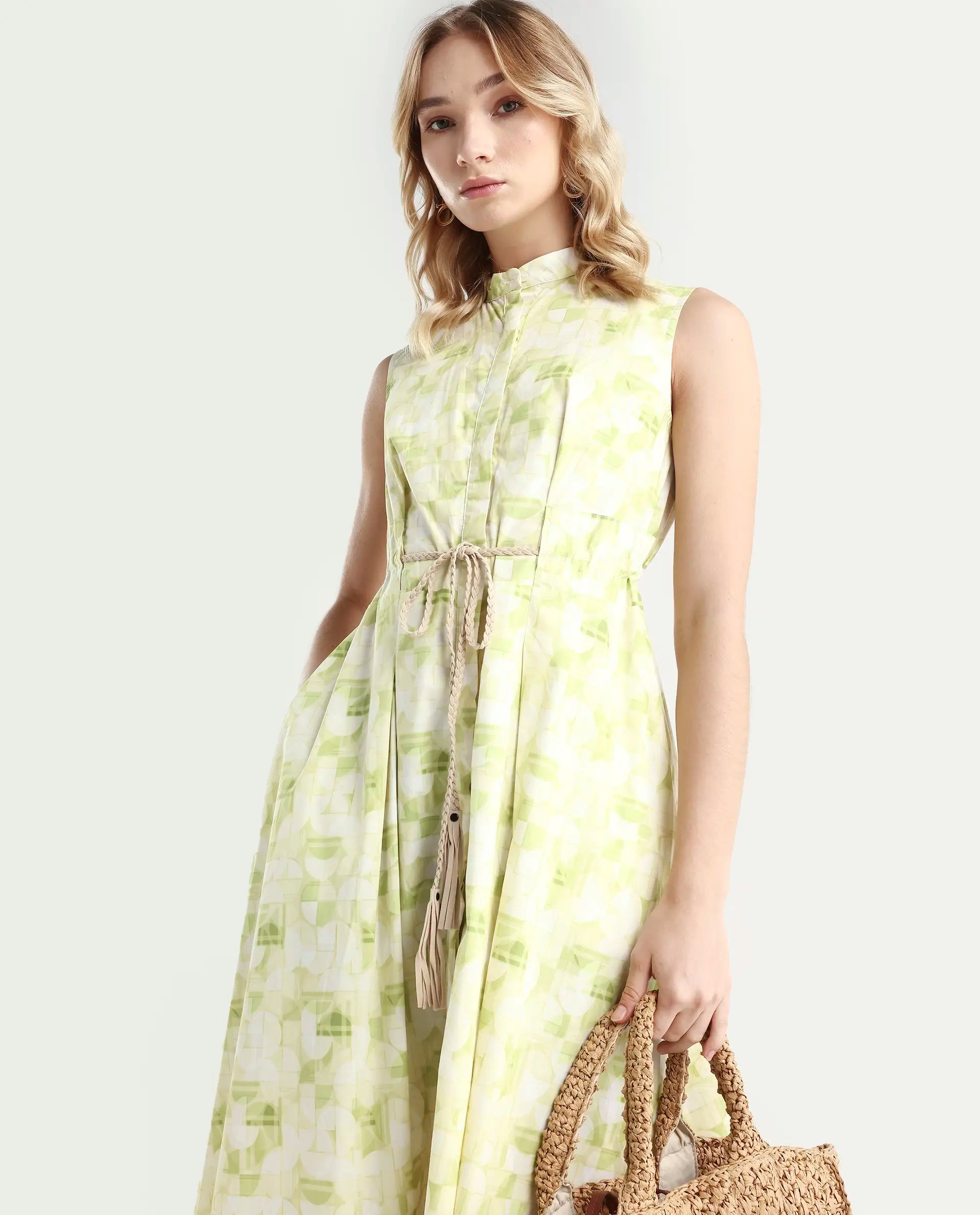 Rareism Women's Loralai Green Cotton Crew Neck Geometric Print Sleeveless Maxi Flared Dress