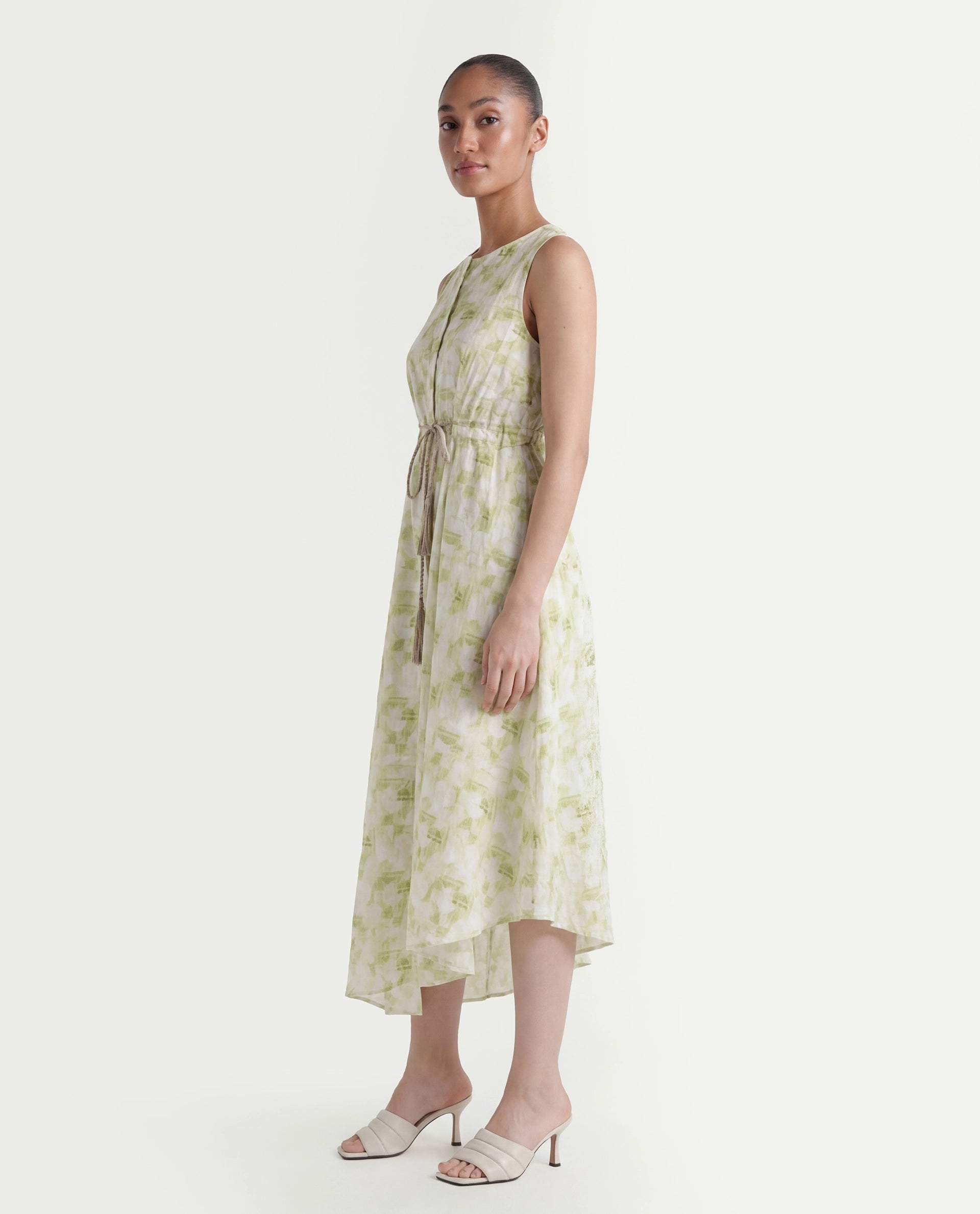 Rareism Women's Loralai Green Cotton Crew Neck Geometric Print Sleeveless Maxi Flared Dress