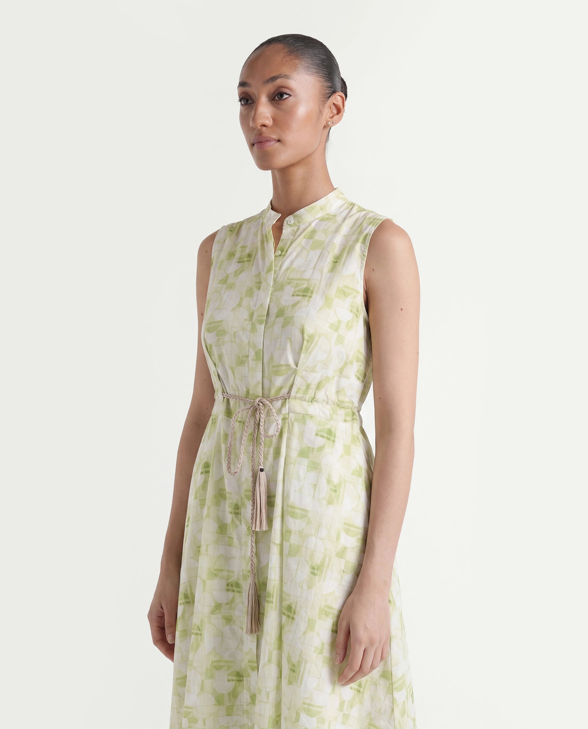 Rareism Women's Loralai Green Cotton Crew Neck Geometric Print Sleeveless Maxi Flared Dress