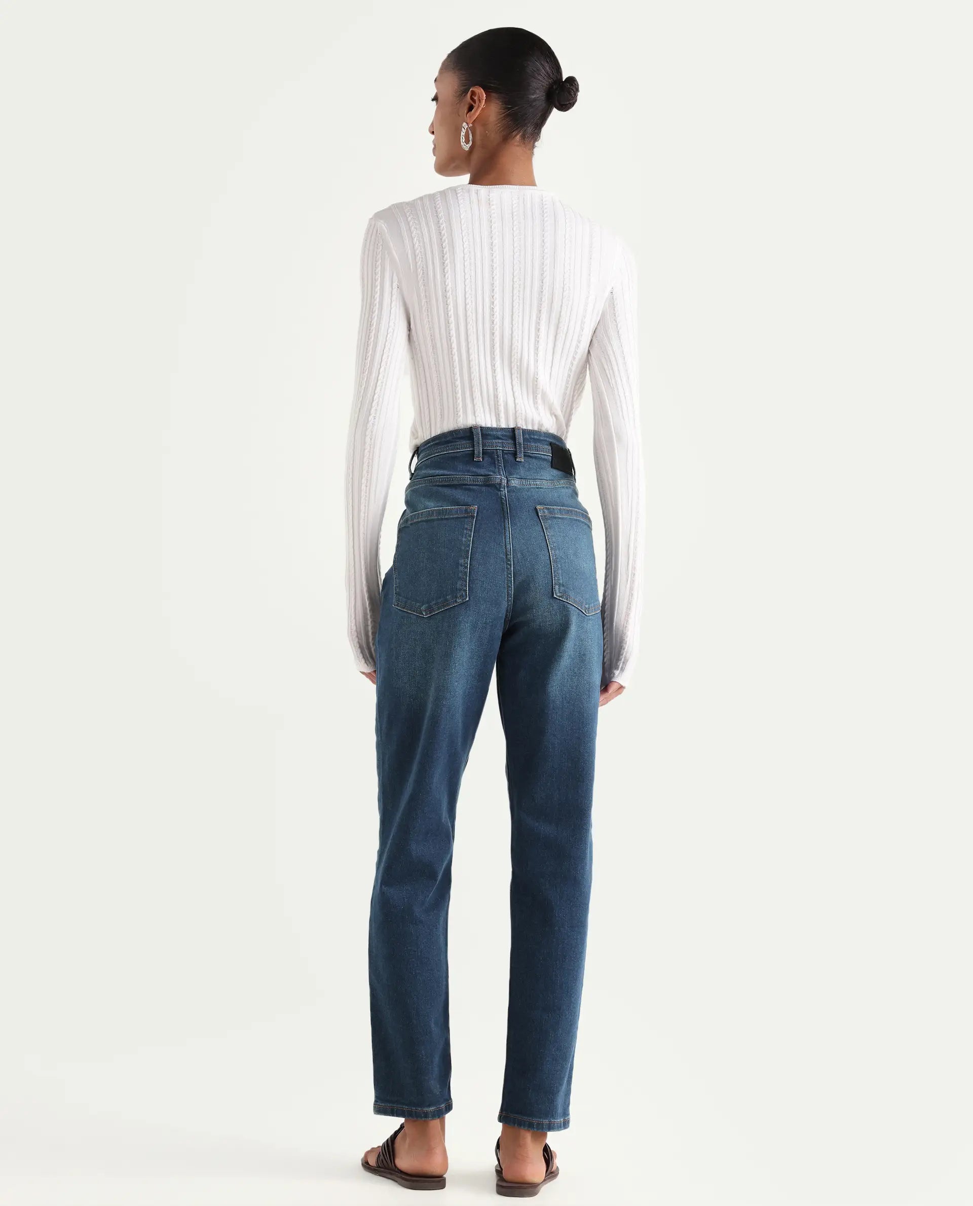 Rareism Women's Loreto Blue Cotton Blend Plain Ankle Length Mom Fit Jeans