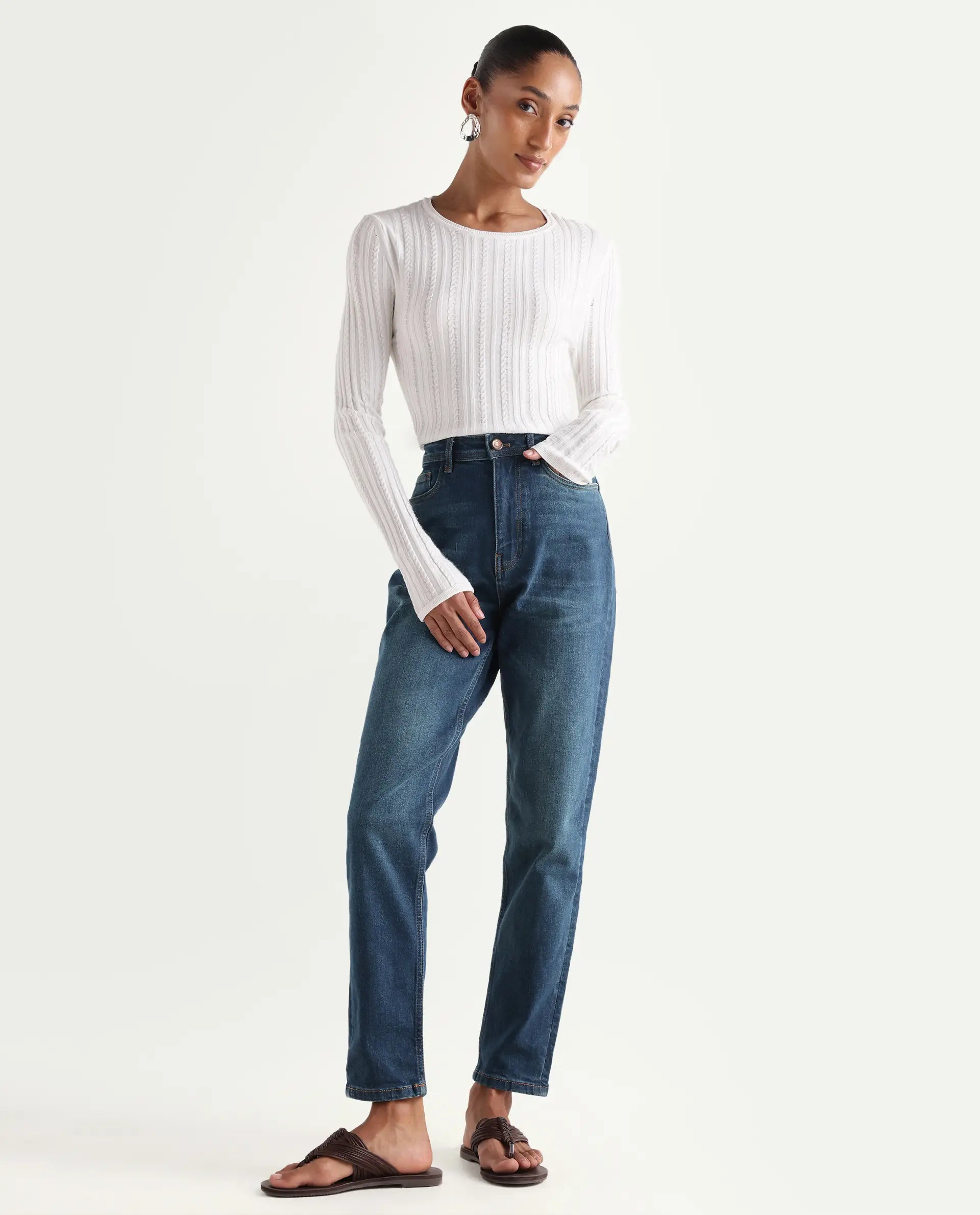 Rareism Women's Loreto Blue Cotton Blend Plain Ankle Length Mom Fit Jeans